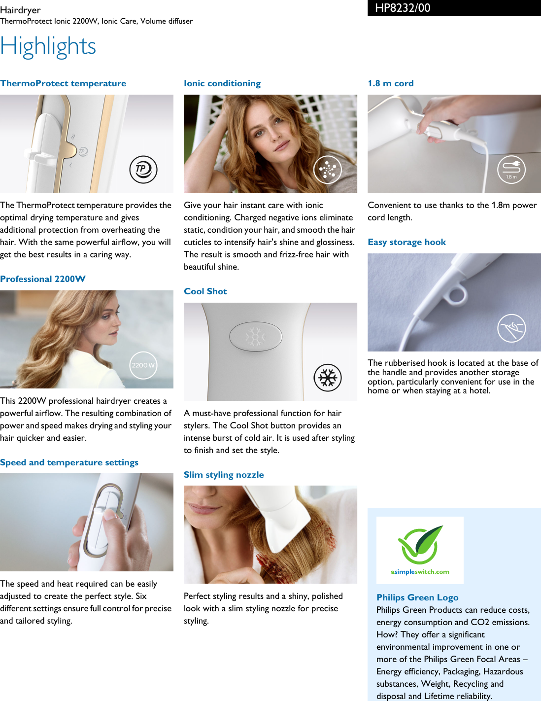 Page 2 of 3 - Philips HP8232/00 Hairdryer User Manual Leaflet Hp8232 00 Pss