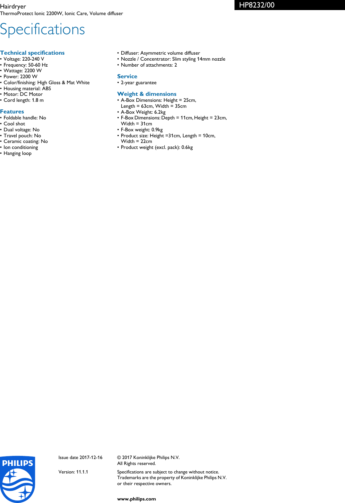 Page 3 of 3 - Philips HP8232/00 Hairdryer User Manual Leaflet Hp8232 00 Pss