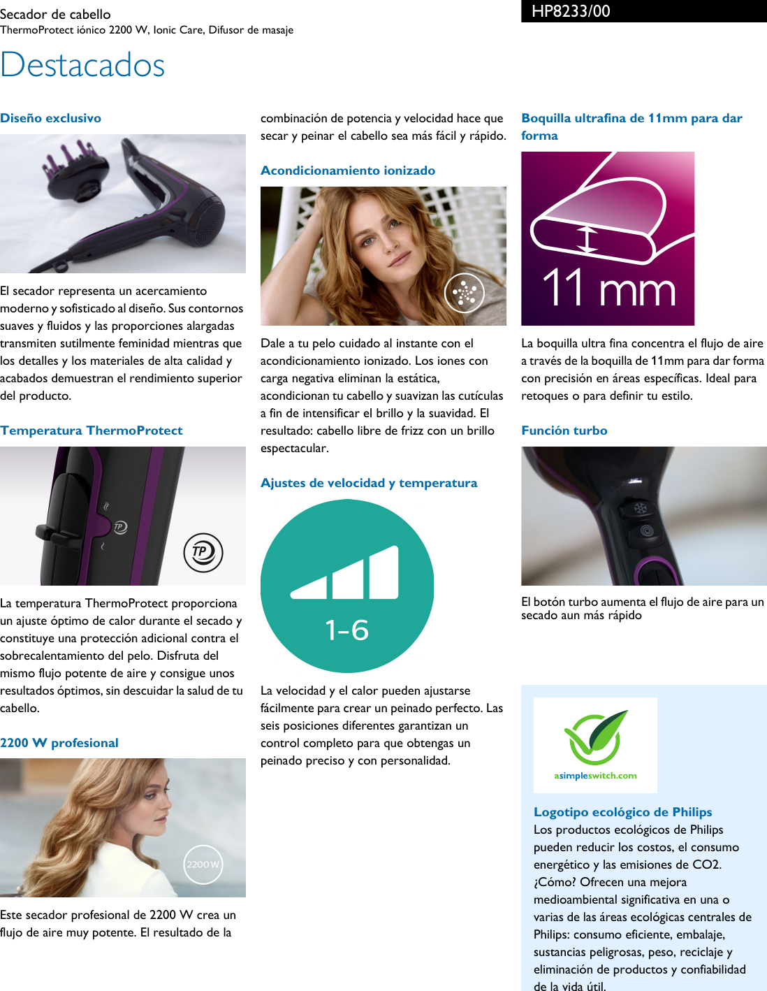 Philips HP8233/00 Secador De Cabello User Manual Folleto Hp8233 00 Pss Lspco