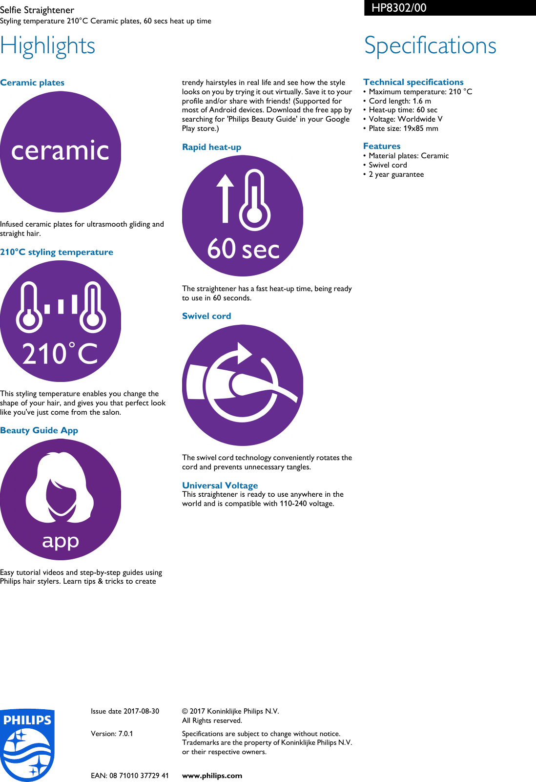 Page 2 of 2 - Philips HP8302/00 Selfie Straightener User Manual Leaflet Hp8302 00 Pss Aenin