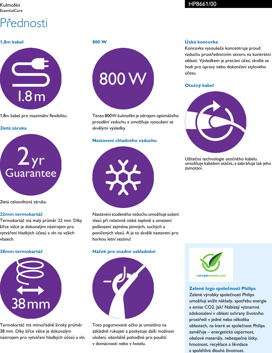 Page 2 of 3 - Philips HP8661/00 Leaflet HP8661_00 Released Czech Republic (Czech)  User Manual Specifikační List Výrobku Hp8661 00 Pss Cescz