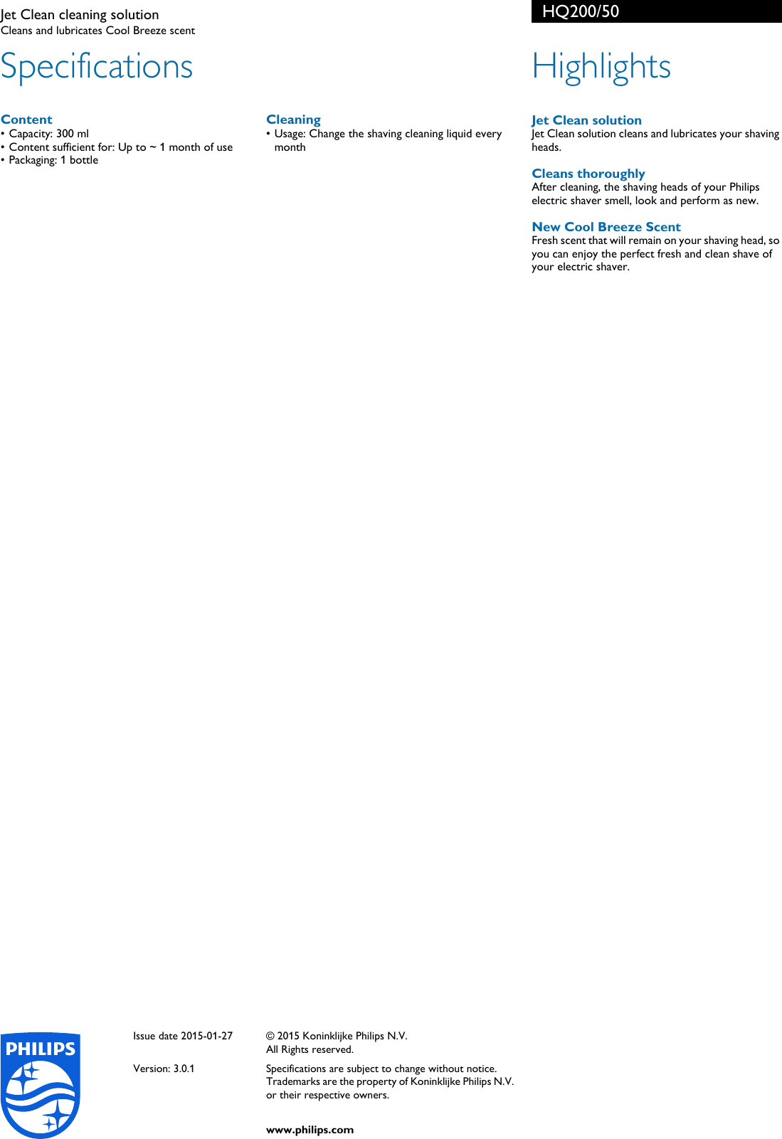 Page 2 of 2 - Philips HQ200/50 Jet Clean Cleaning Solution User Manual Leaflet Hq200 50 Pss