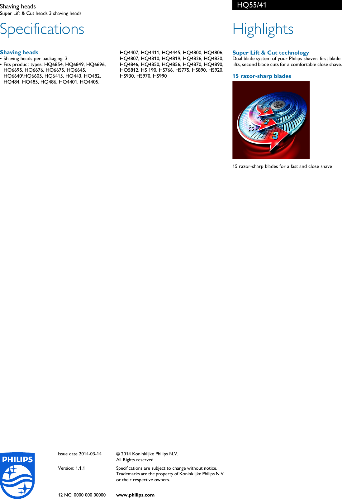 Page 2 of 2 - Philips HQ55 HQ55/41 Shaving Heads User Manual Leaflet 41 Pss Aenus