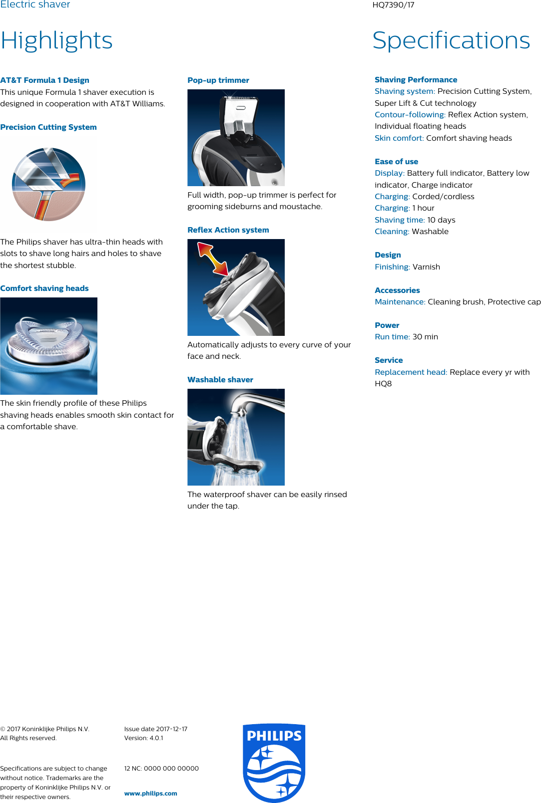 Page 2 of 2 - Philips HQ7390/17 Electric Shaver User Manual Leaflet Hq7390 17 Pss Enggb