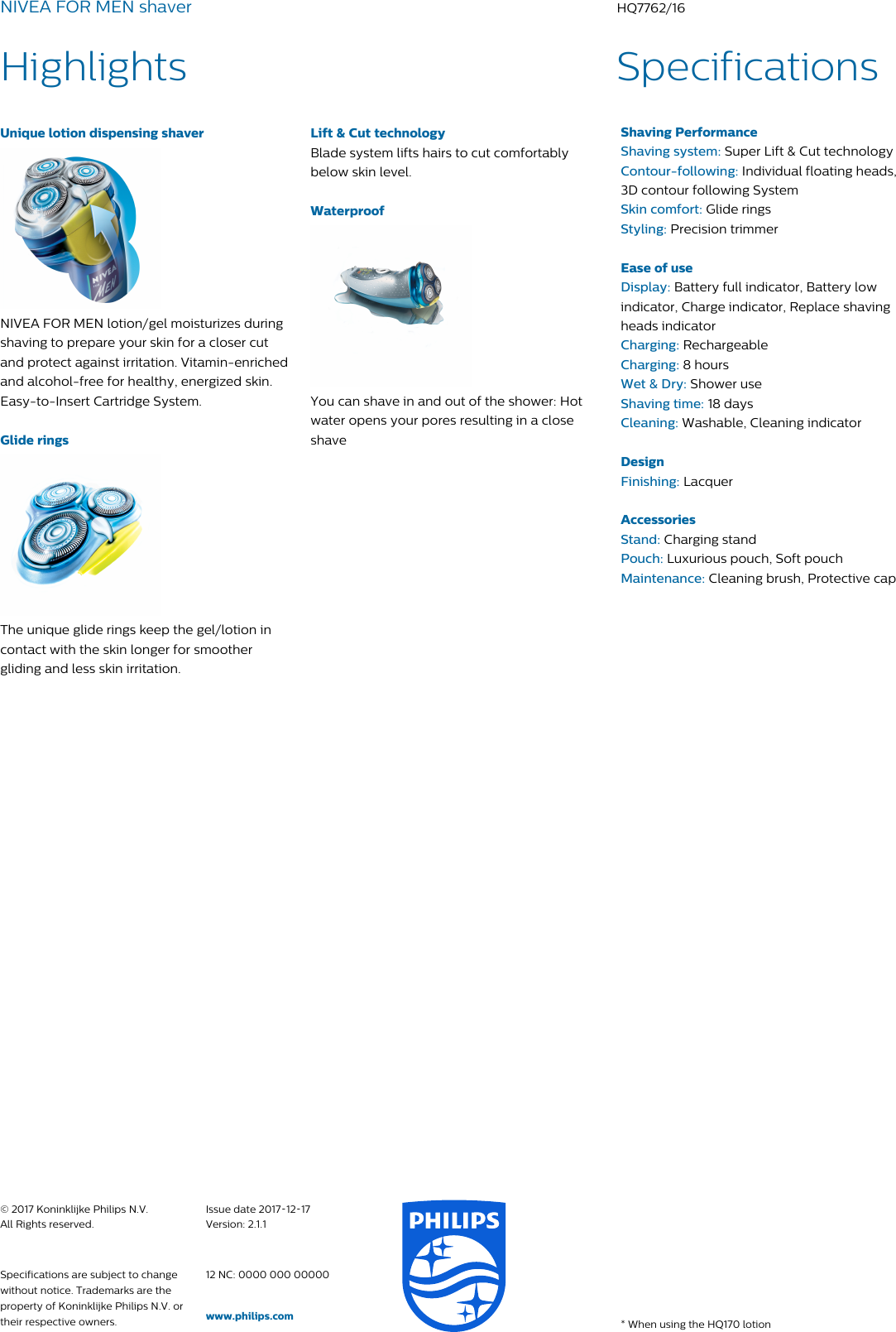 Page 2 of 2 - Philips HQ7762 HQ7762/16 NIVEA FOR MEN Shaver User Manual Leaflet 16 Pss