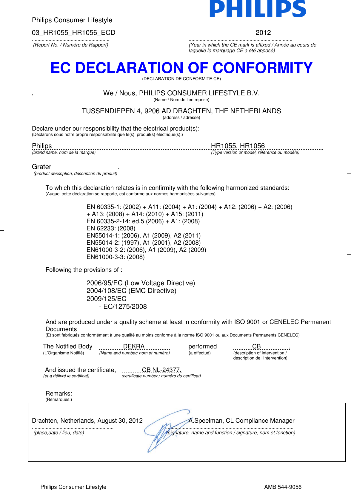 Page 1 of 1 - Philips HR1055/90 User Manual Déclaration De Conformité Hr1055 90 Doc Aen