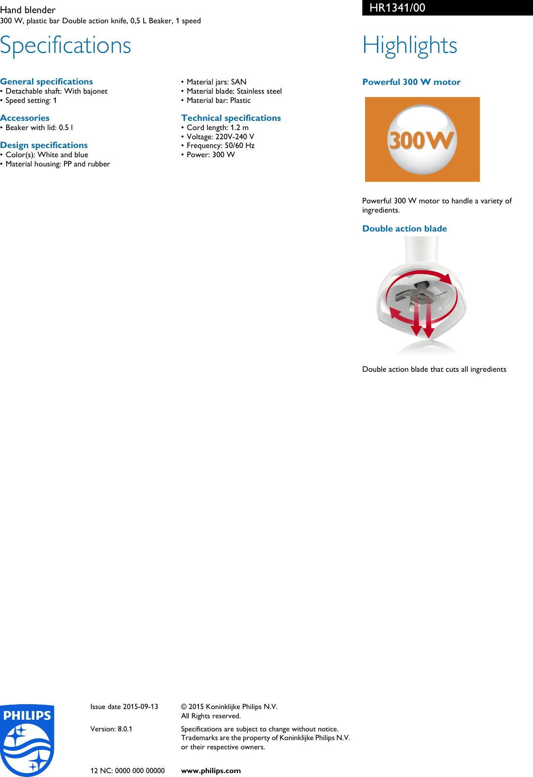 Page 2 of 2 - Philips HR1341/00 Hand Blender User Manual Leaflet Hr1341 00 Pss Aenin