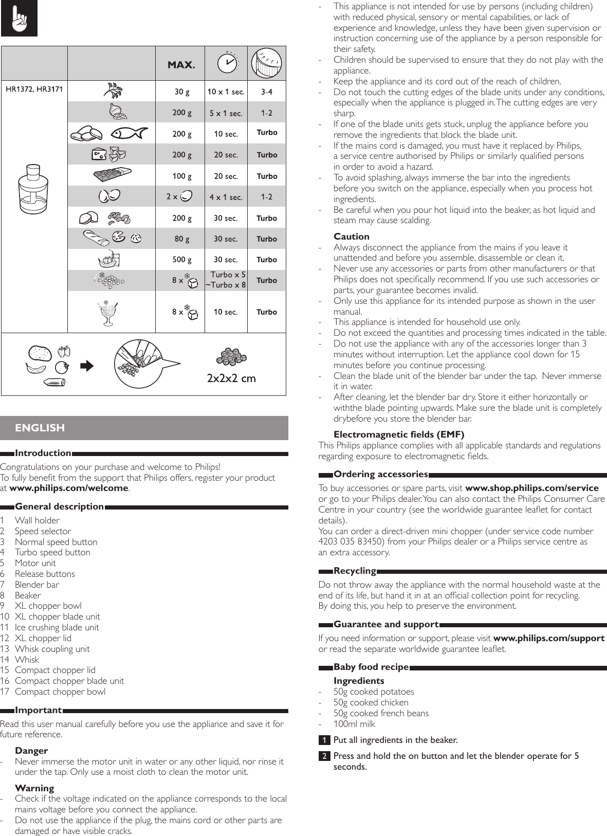 Page 3 of 8 - Philips HR1372/90 User Manual Brugervejledning Hr1372 90 Dfu Vie