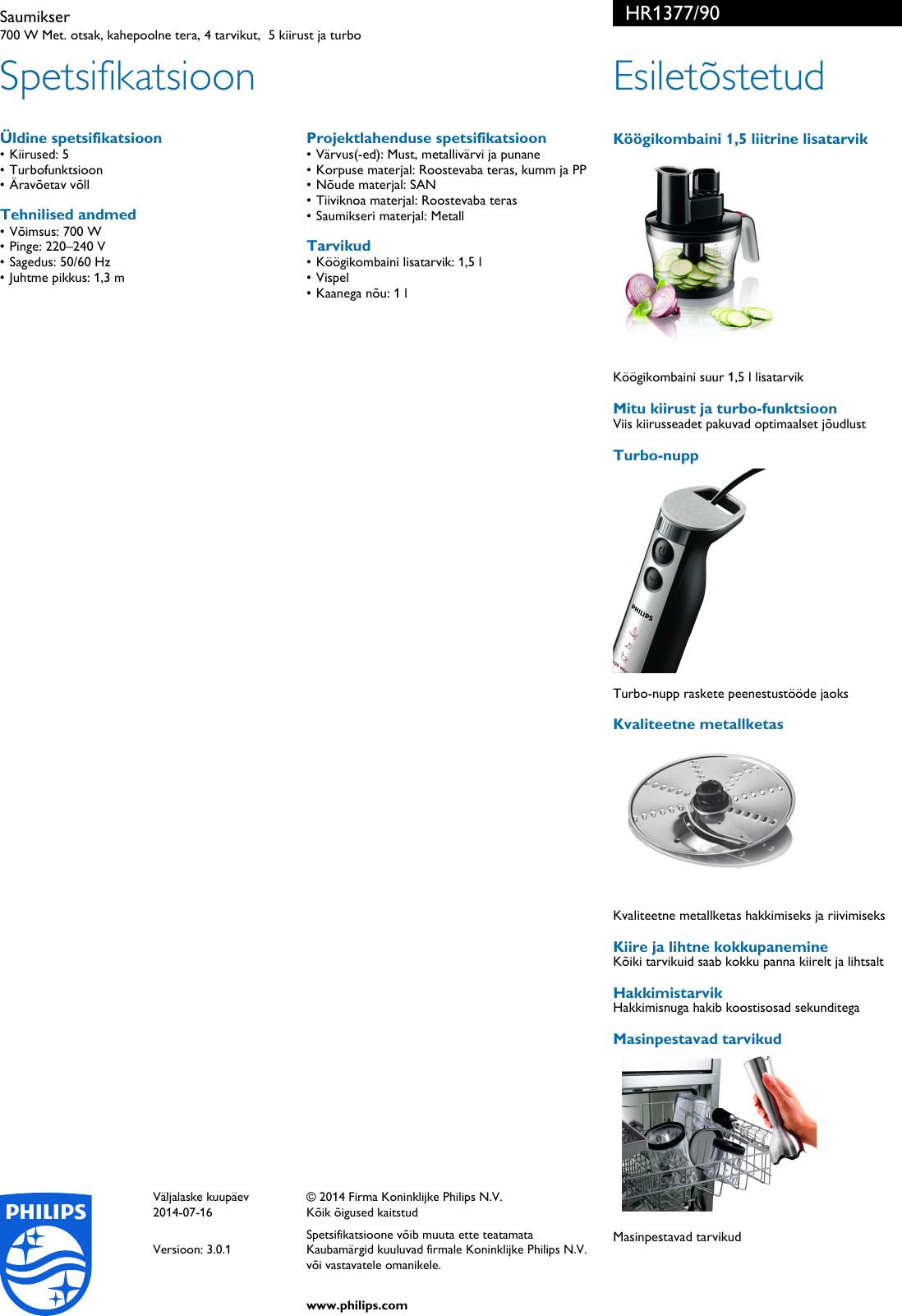 Page 2 of 2 - Philips HR1377/90 Leaflet HR1377_90 Released Estonia (Estonian)  User Manual Voldik Hr1377 90 Pss Estee