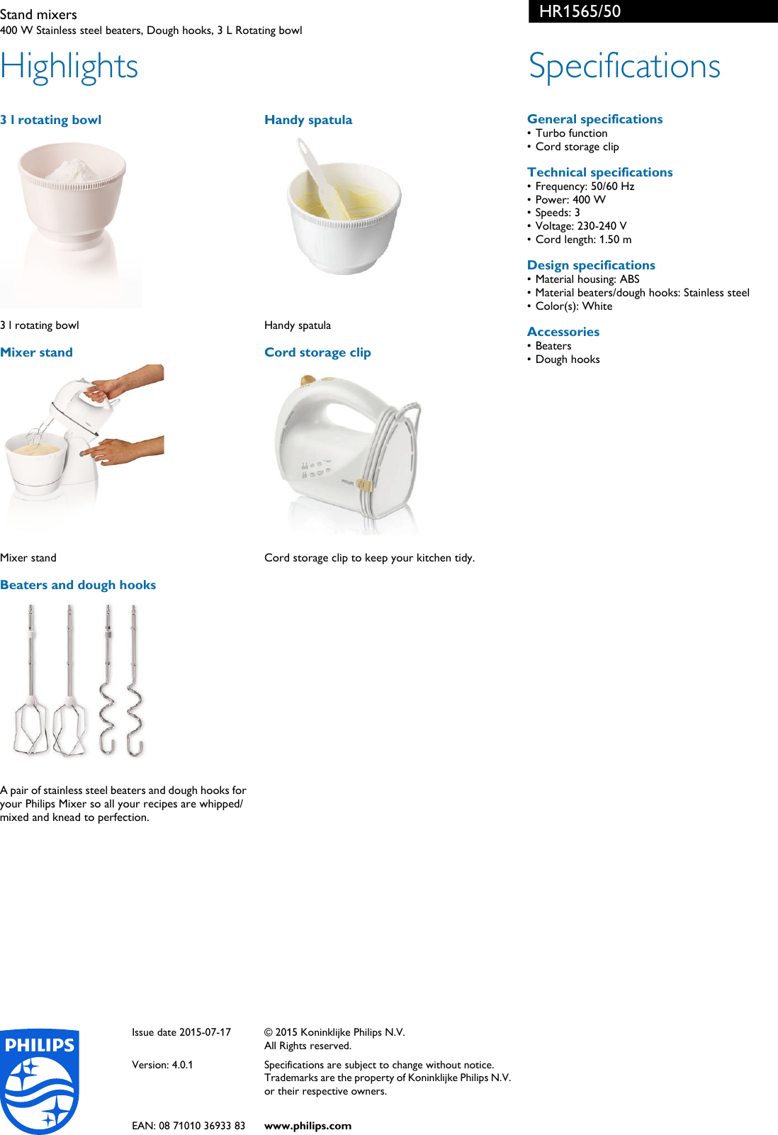 Page 2 of 2 - Philips HR1565/50 Stand Mixers User Manual Leaflet Hr1565 50 Pss Aenin
