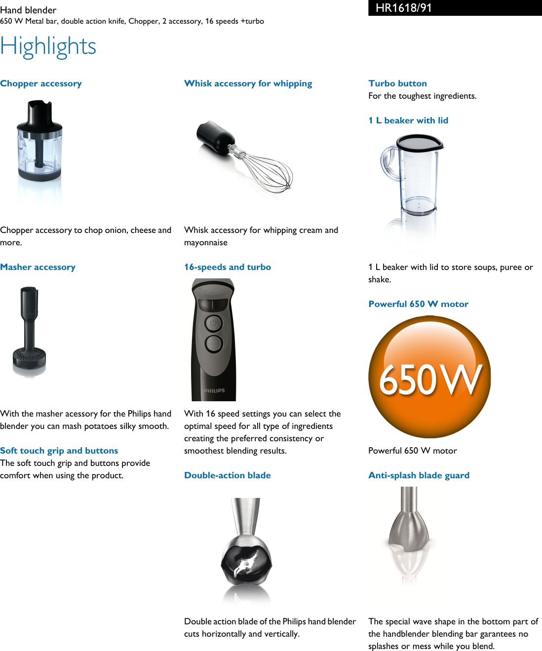 Page 2 of 3 - Philips HR1618/91 Hand Blender User Manual Leaflet Hr1618 91 Pss