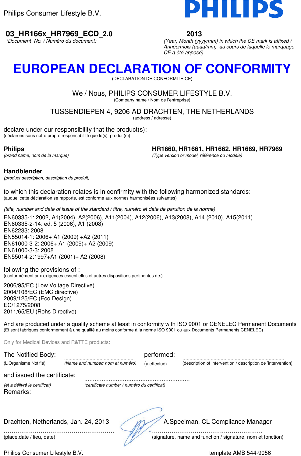 Page 1 of 1 - Philips HR1661/90 User Manual Declaration Of Conformity Hr1661 90 Dc3 Aen