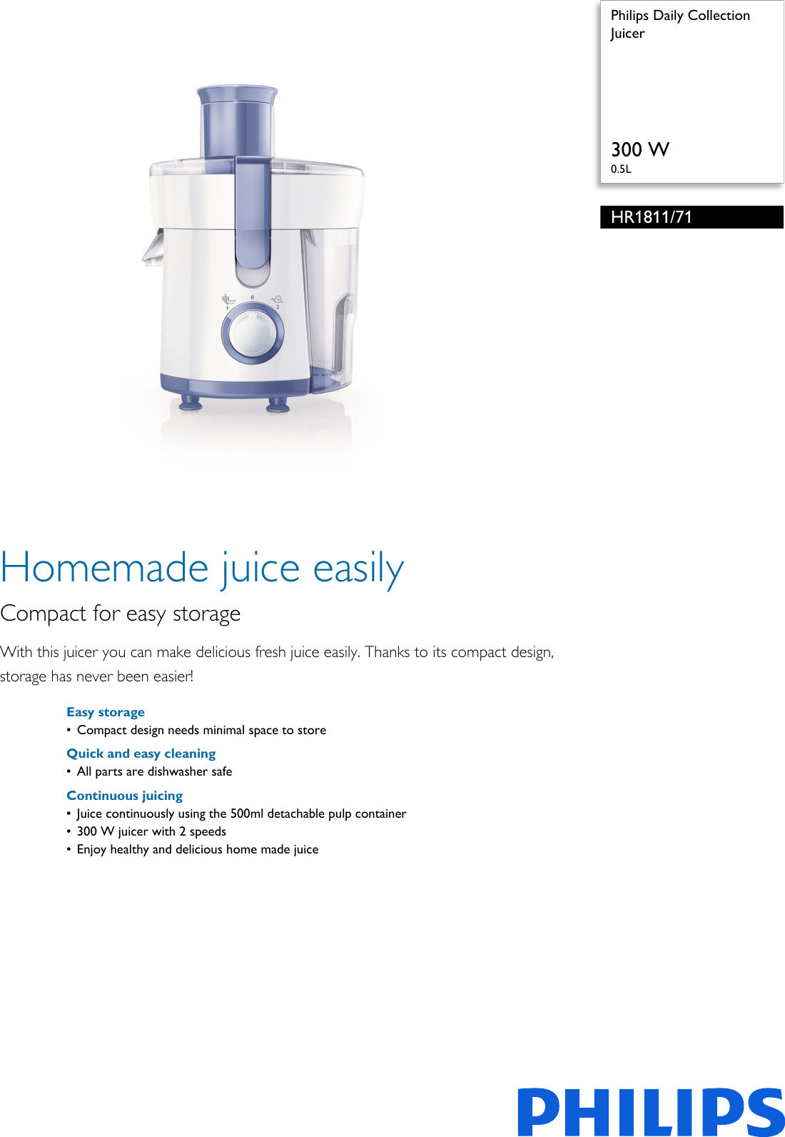 Page 1 of 2 - Philips HR1811/71 Juicer User Manual Leaflet Hr1811 71 Pss