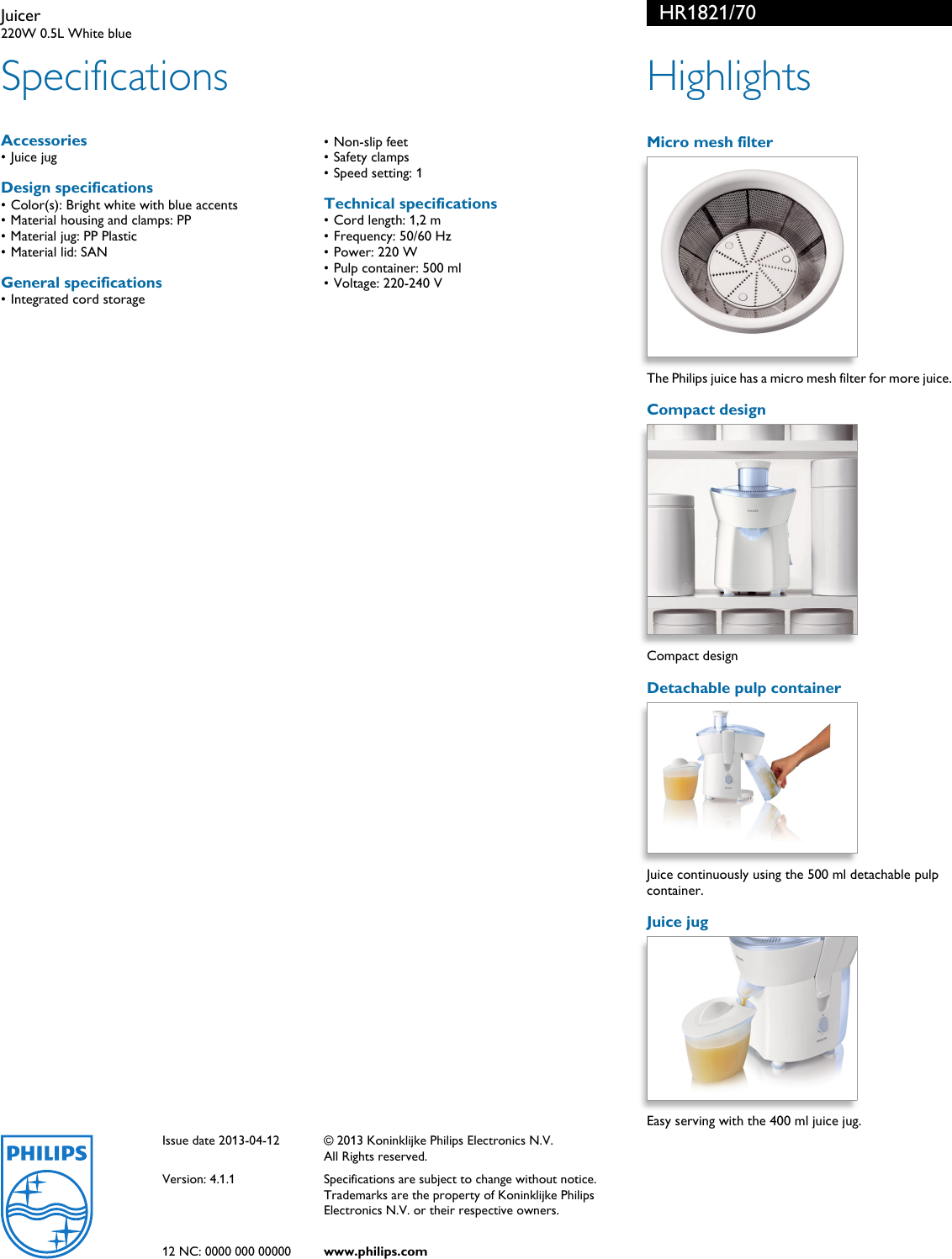 Page 2 of 2 - Philips HR1821/70 Juicer User Manual Leaflet Hr1821 70 Pss Aenid