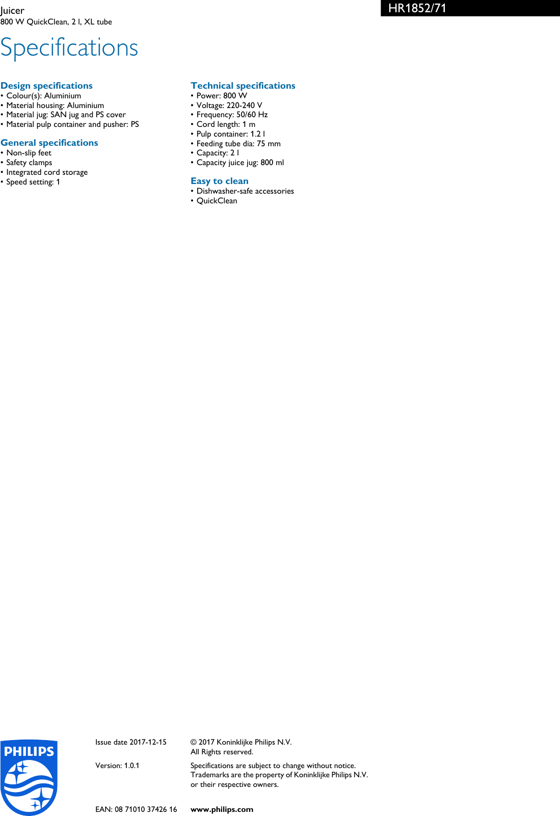 Page 3 of 3 - Philips HR1852/71 Leaflet HR1852_71 Released United Kingdom (English)  User Manual Hr1852 71 Pss Enggb