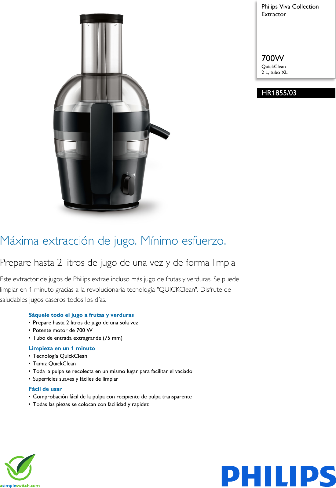 Philips HR1855/03 Extractor User Manual Folleto Hr1855 03 Pss Lspcl