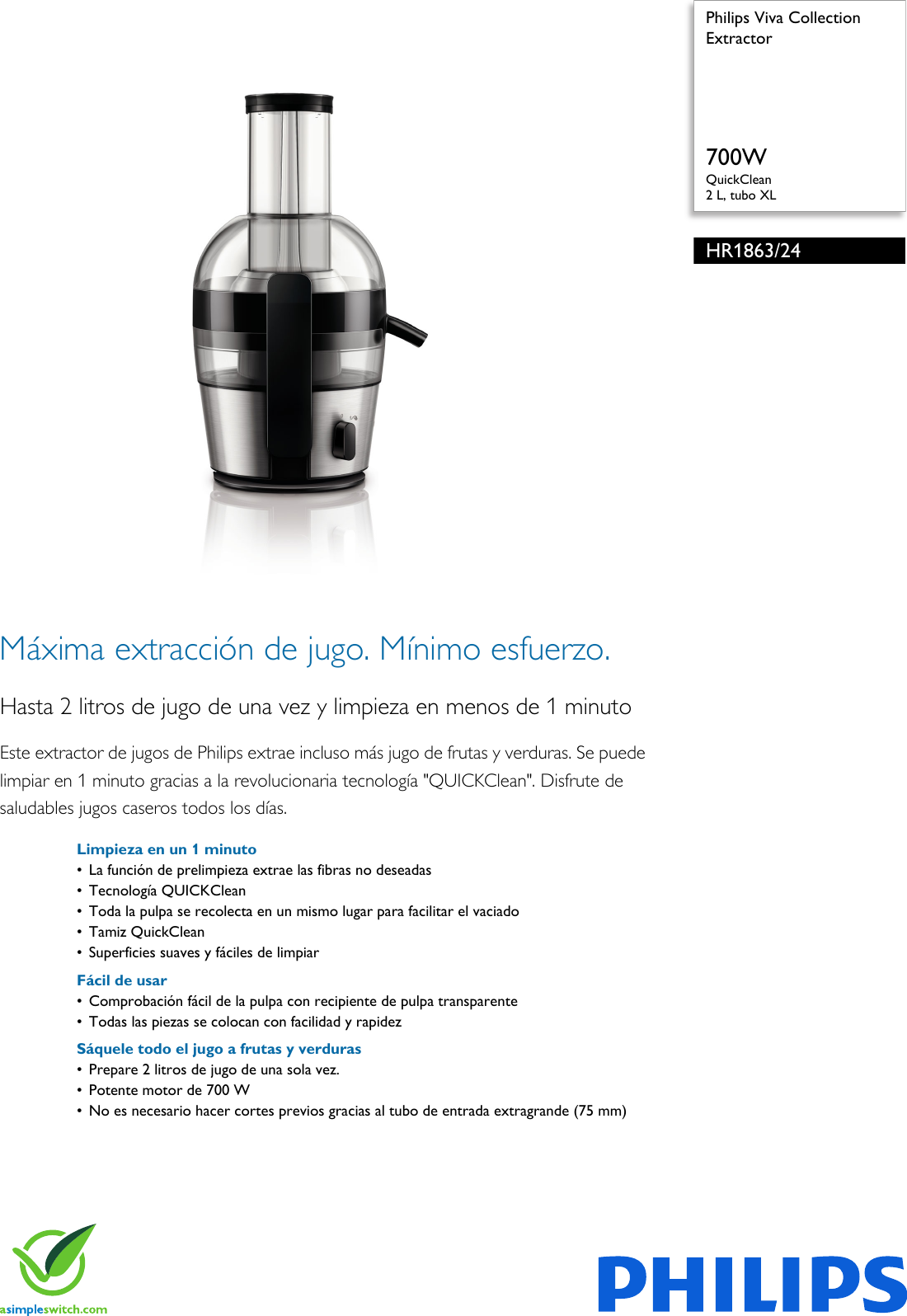 Philips HR1863/24 Extractor User Manual Folleto Hr1863 24 Pss Lsppa