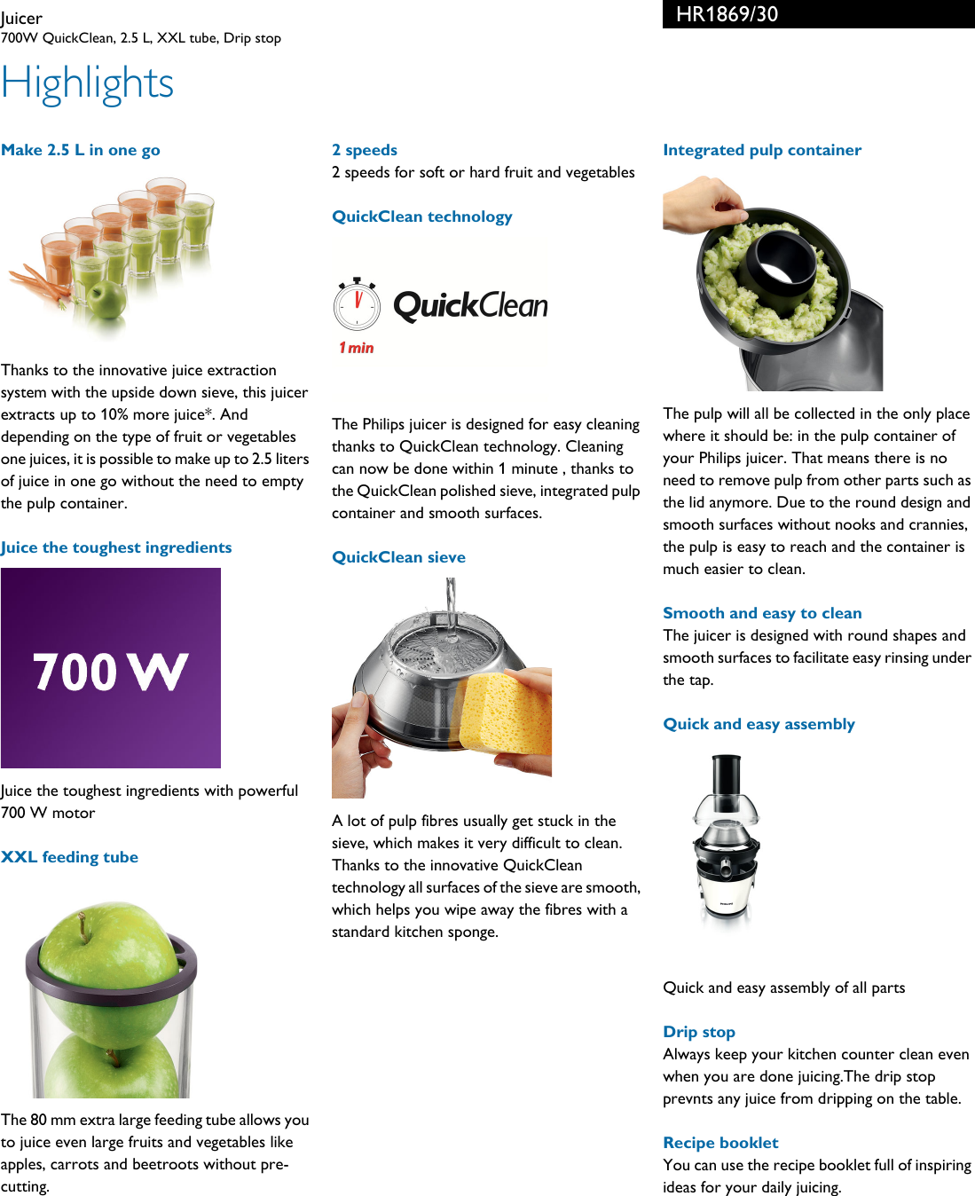 Page 2 of 3 - Philips HR1869/30 Juicer User Manual Leaflet Hr1869 30 Pss Engmy