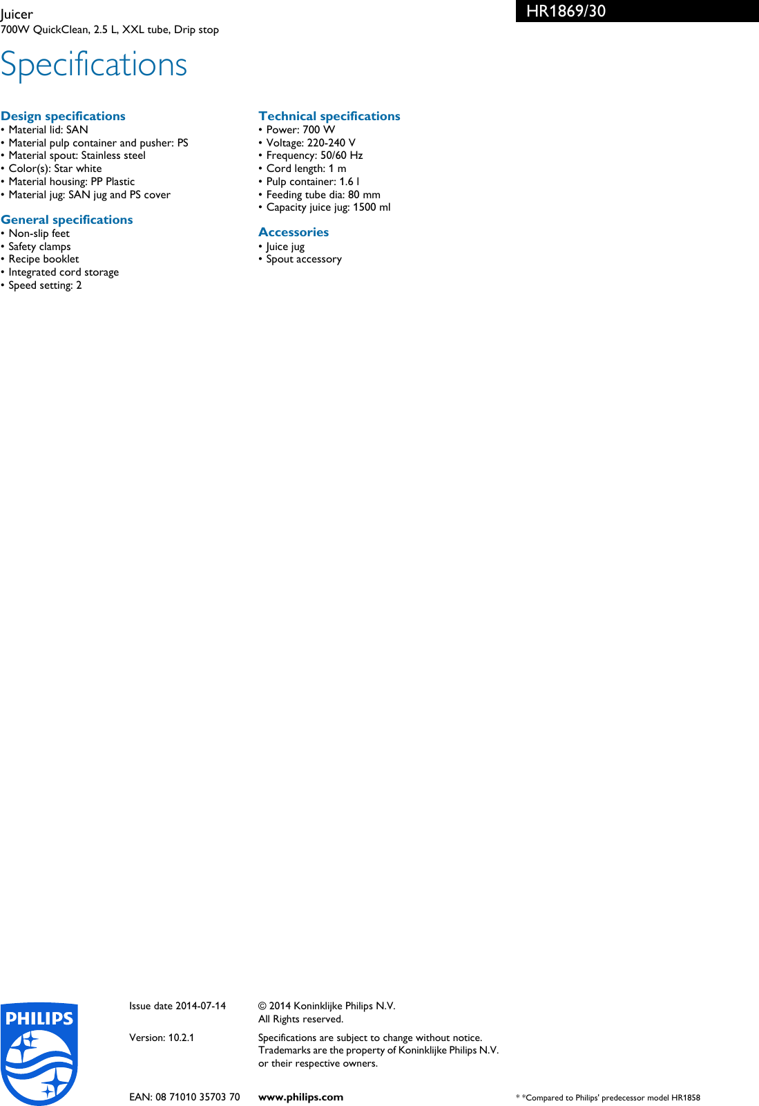 Page 3 of 3 - Philips HR1869/30 Juicer User Manual Leaflet Hr1869 30 Pss Engmy