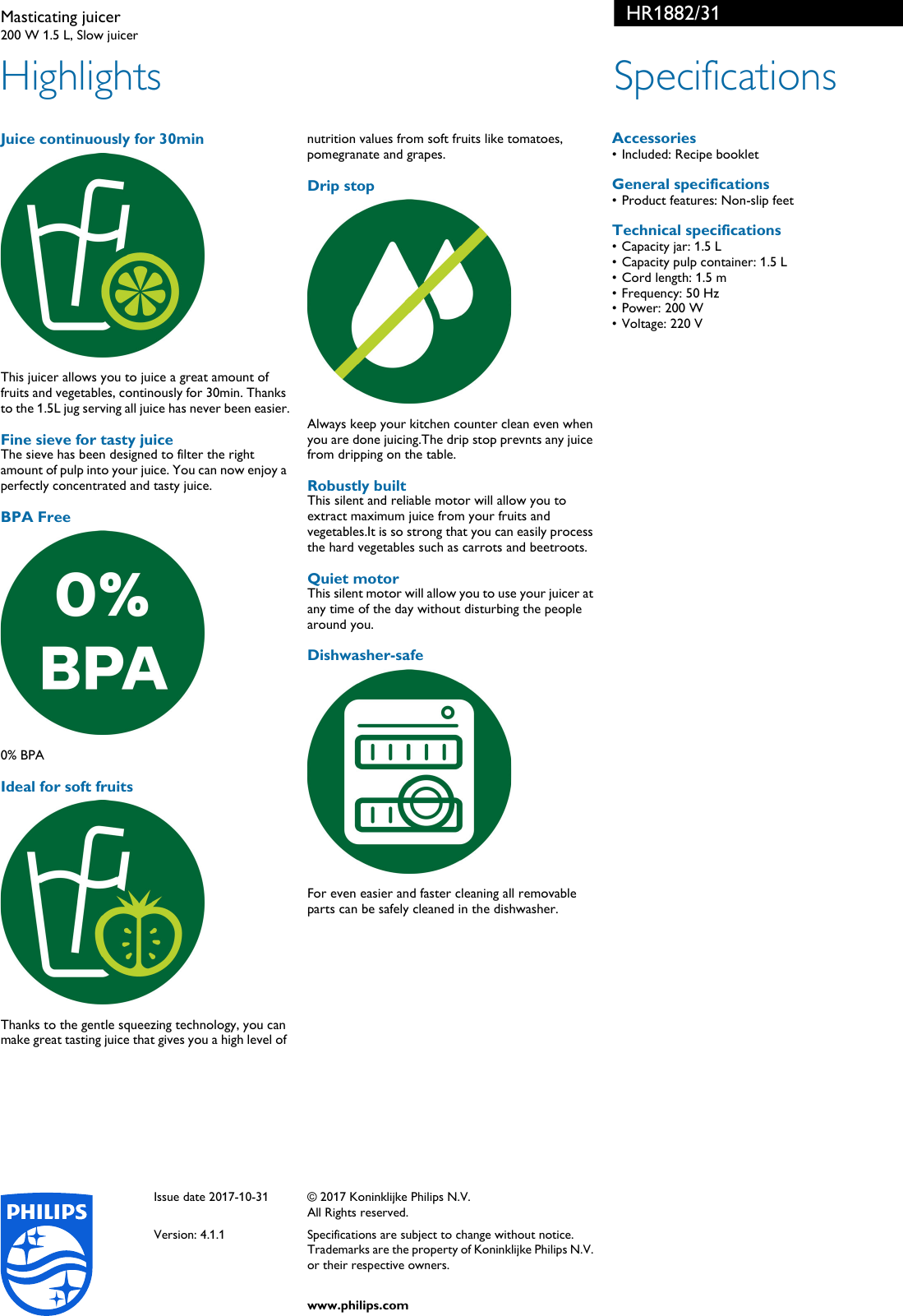 Page 2 of 2 - Philips HR1882/31 Masticating Juicer User Manual Leaflet Hr1882 31 Pss