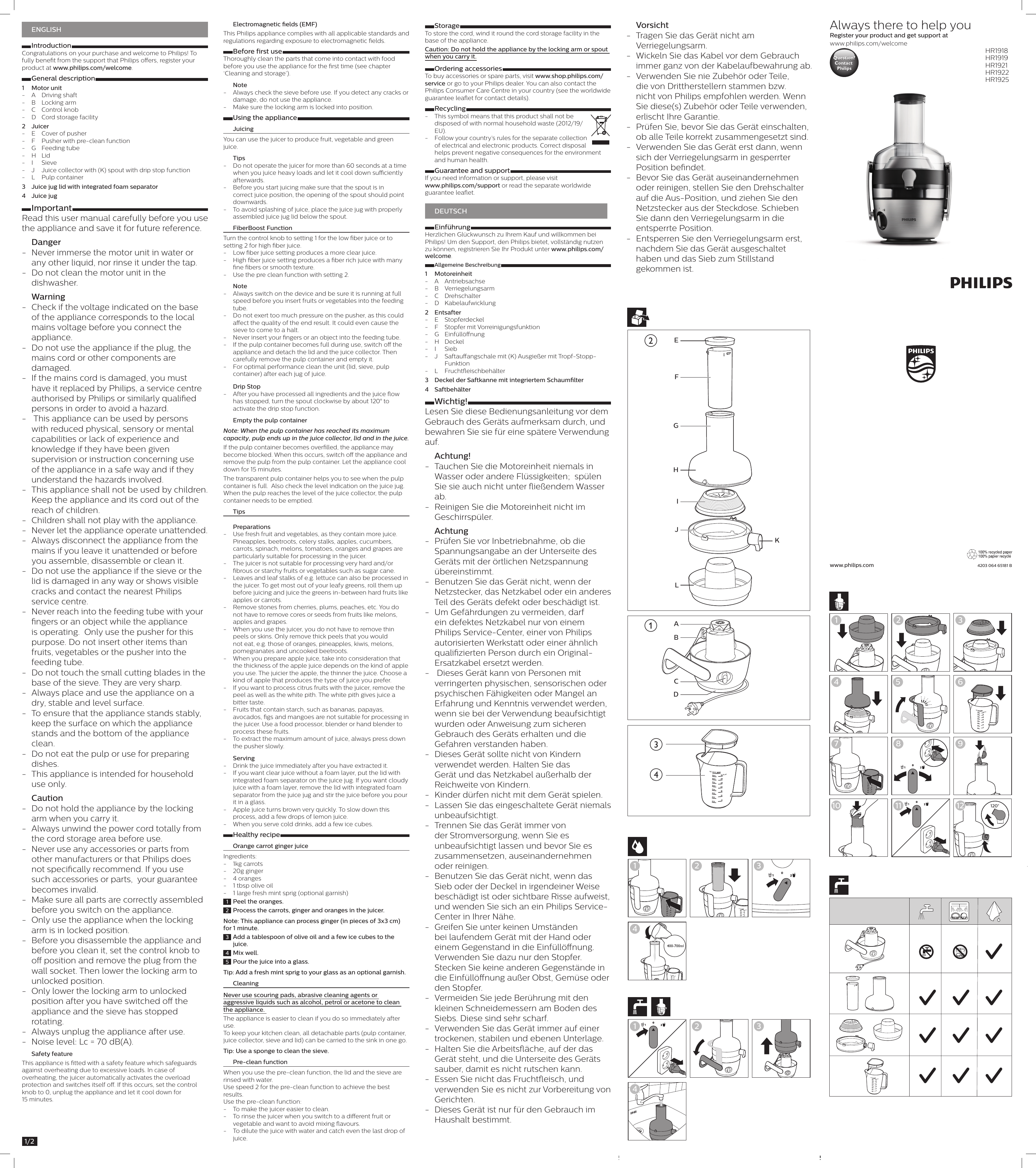 Page 1 of 4 - Philips HR1922/20 User Manual Bedienungsanleitung Hr1922 20 Dfu Nld