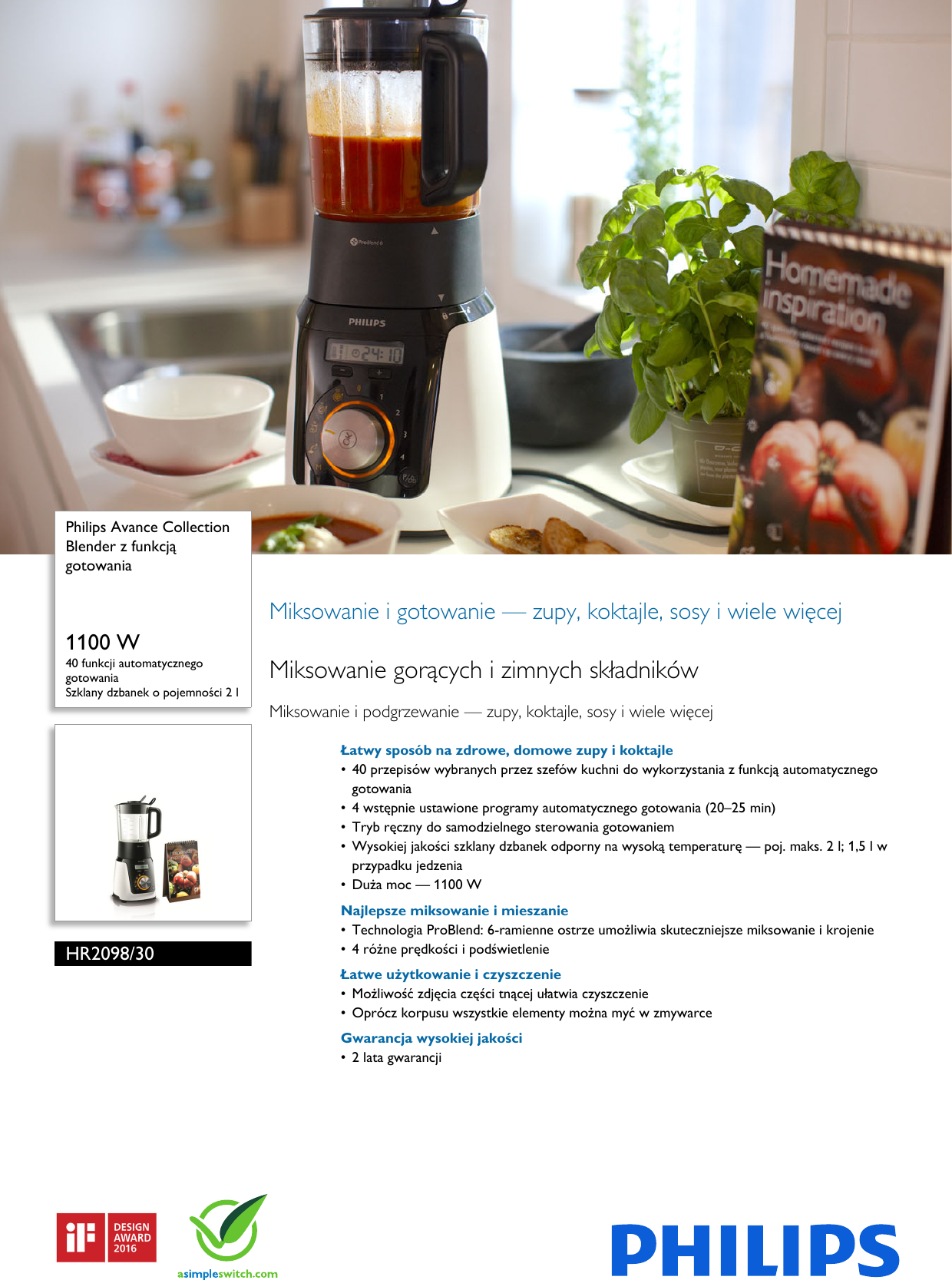 Page 1 of 3 - Philips HR2098/30 Leaflet HR2098_30 Released Poland (Polish)  User Manual Karta Produktowa Hr2098 30 Pss Polpl