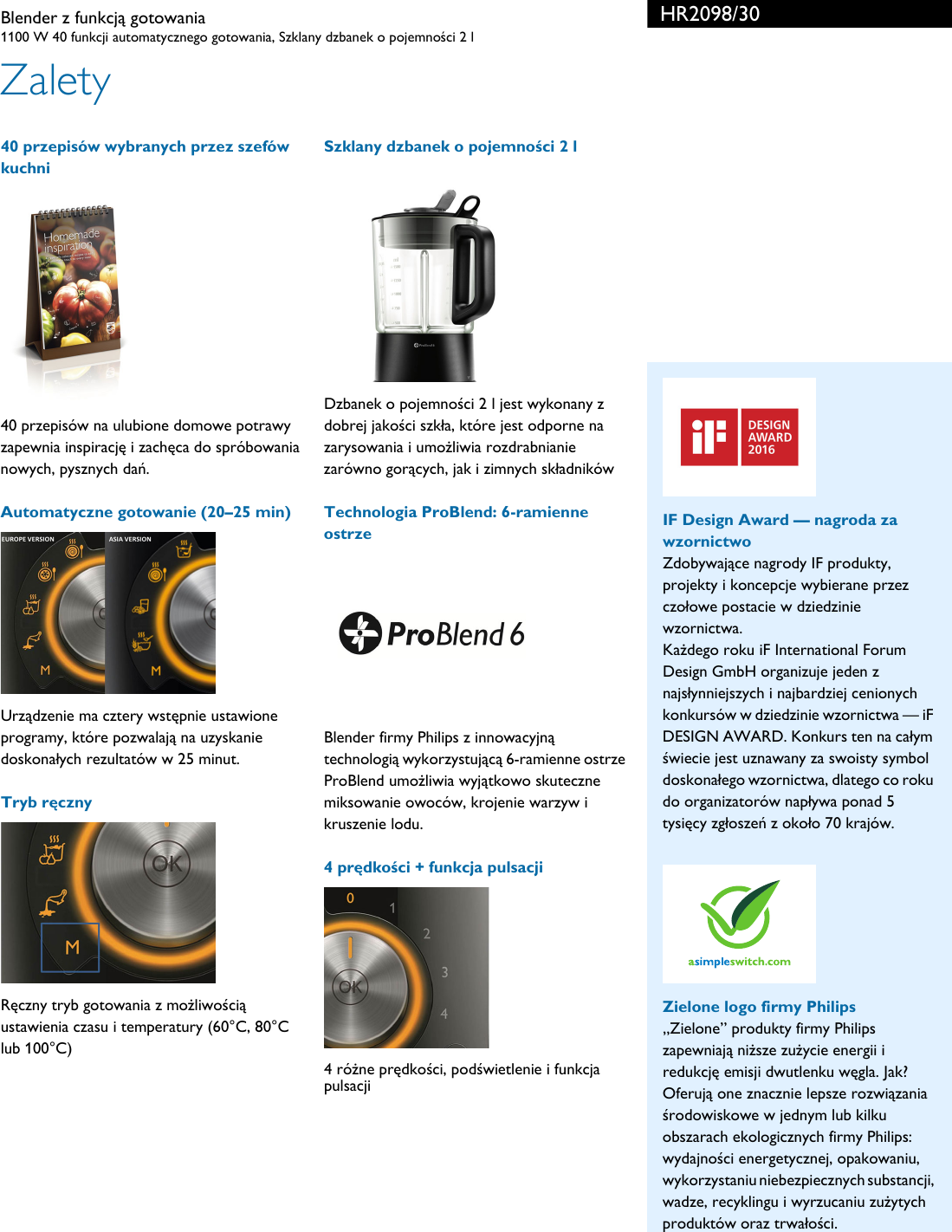 Page 2 of 3 - Philips HR2098/30 Leaflet HR2098_30 Released Poland (Polish)  User Manual Karta Produktowa Hr2098 30 Pss Polpl