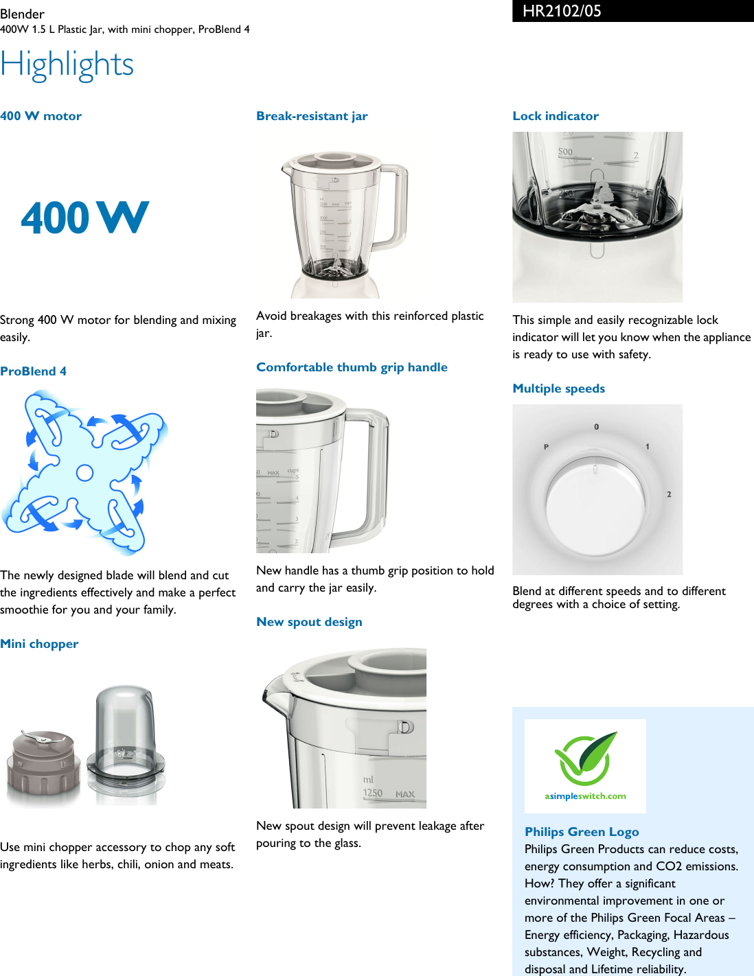 Page 2 of 3 - Philips HR2102/05 Blender User Manual Leaflet Hr2102 05 Pss Aensa