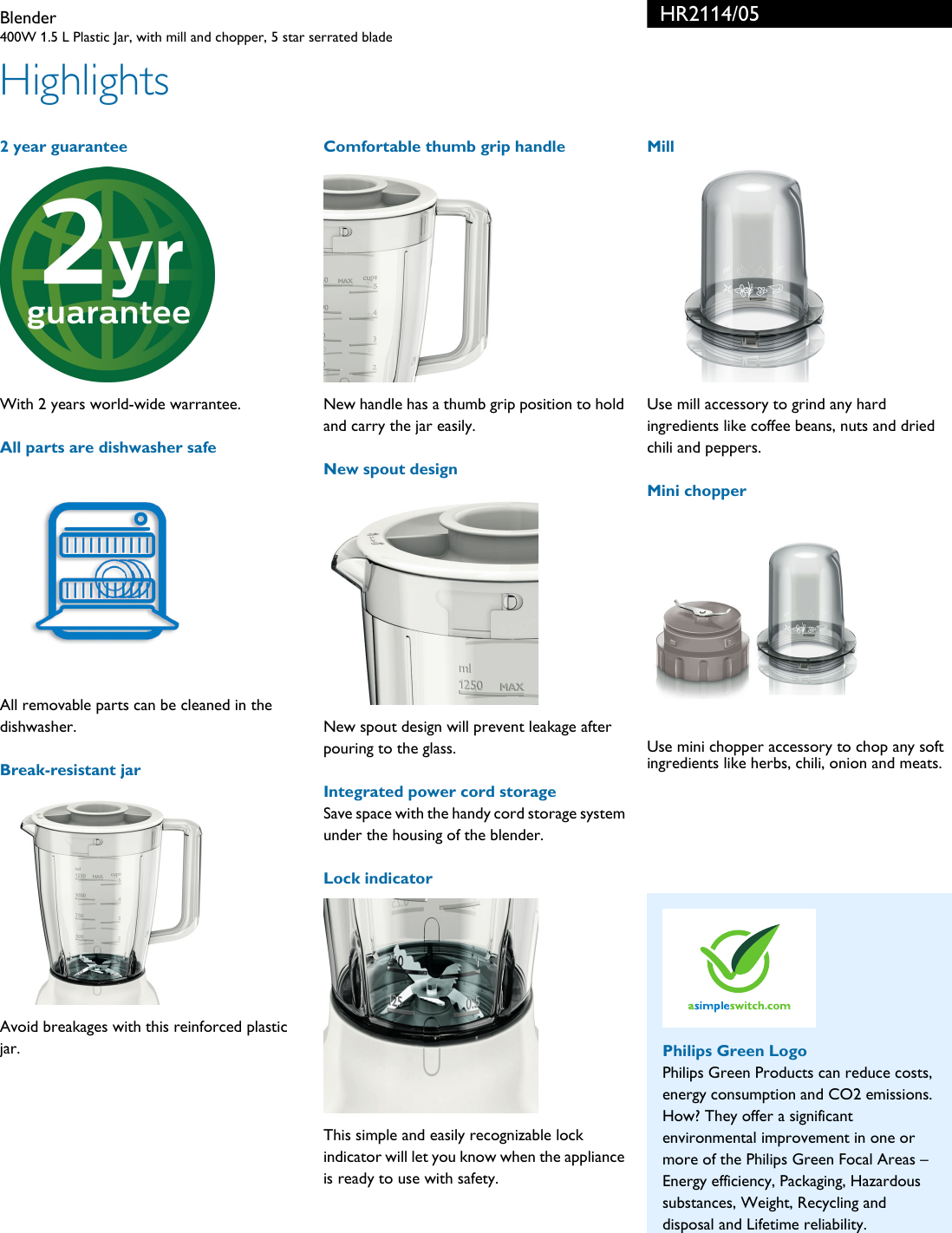 Page 2 of 3 - Philips HR2114/05 Blender User Manual Leaflet Hr2114 05 Pss