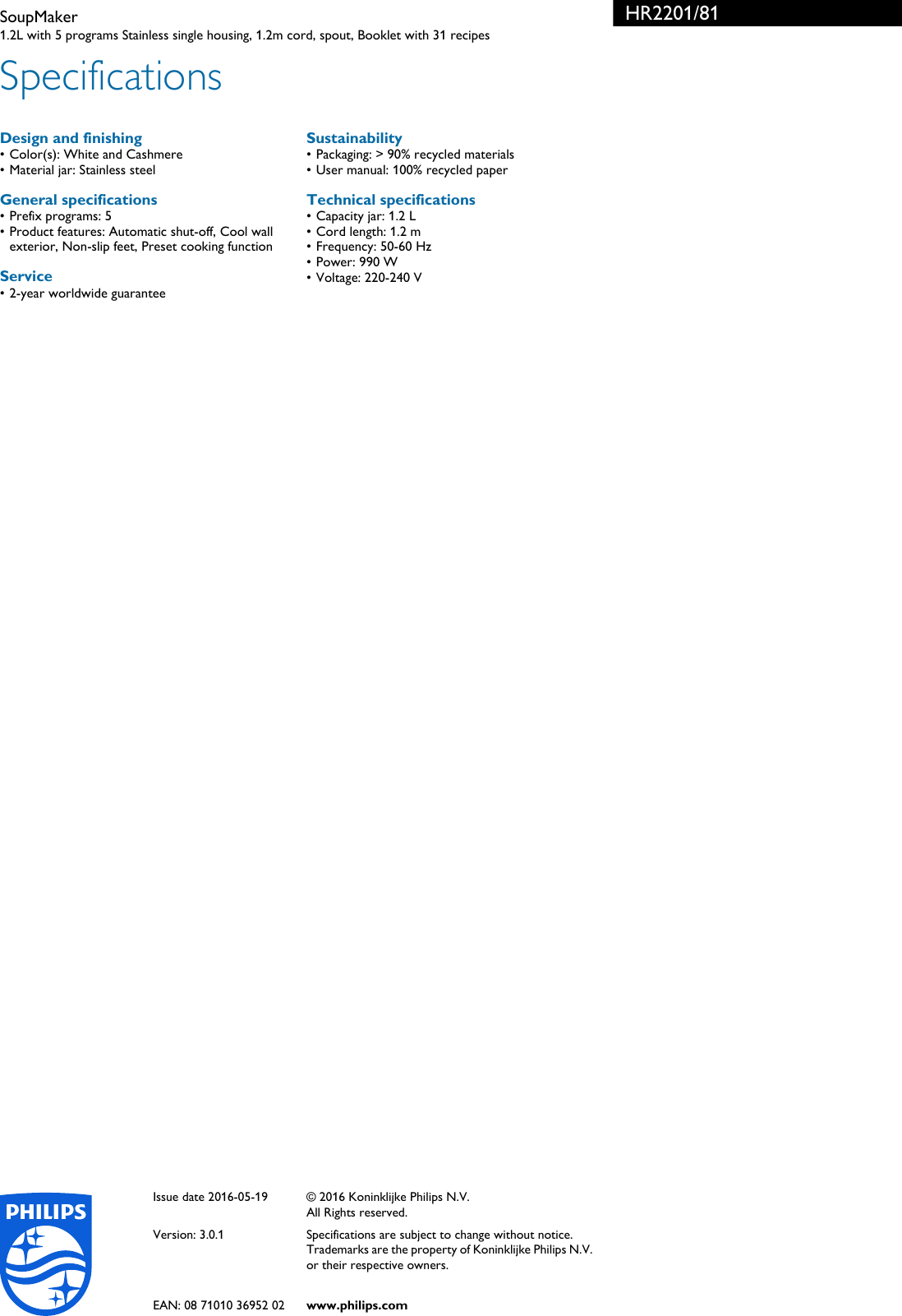 Page 3 of 3 - Philips HR2201/81 SoupMaker User Manual Leaflet Hr2201 81 Pss Aenin