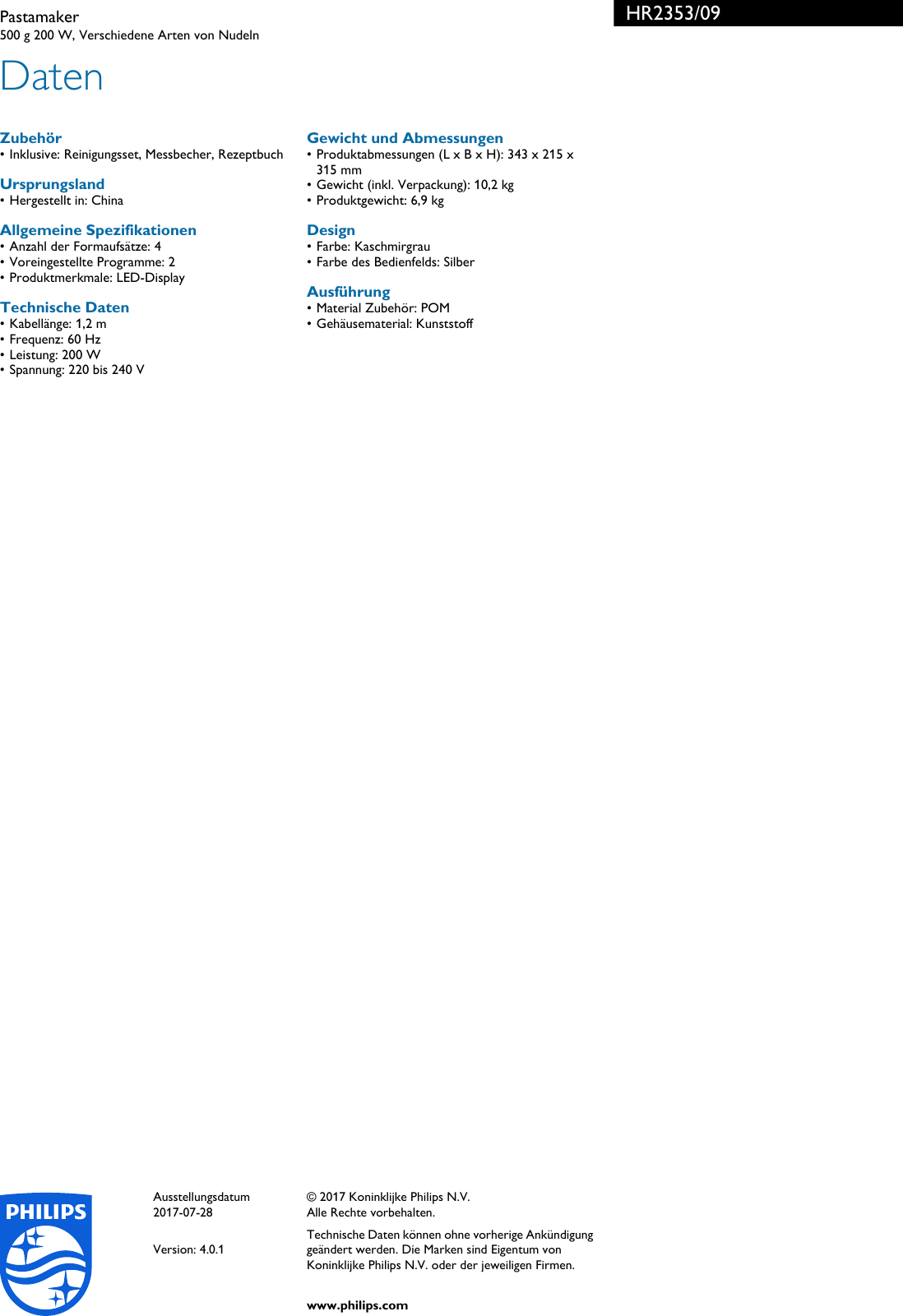 Page 3 of 3 - Philips HR2353/09 Leaflet HR2353_09 Released Austria (German)  User Manual Datenblatt Hr2353 09 Pss Deuat