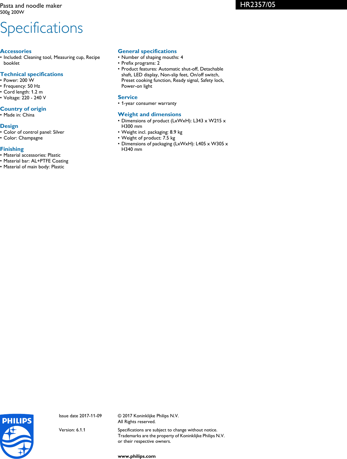 Page 3 of 3 - Philips HR2357/05 Pasta And Noodle Maker User Manual Leaflet Hr2357 05 Pss Aenus