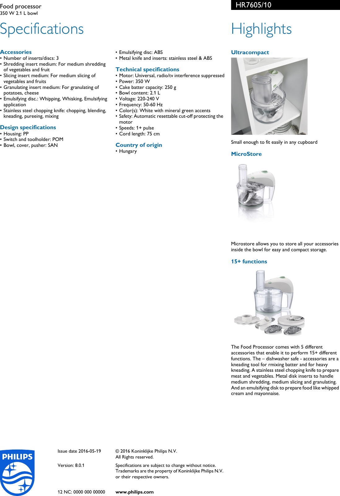 Page 2 of 2 - Philips HR7605/10 Food Processor User Manual Leaflet Hr7605 10 Pss