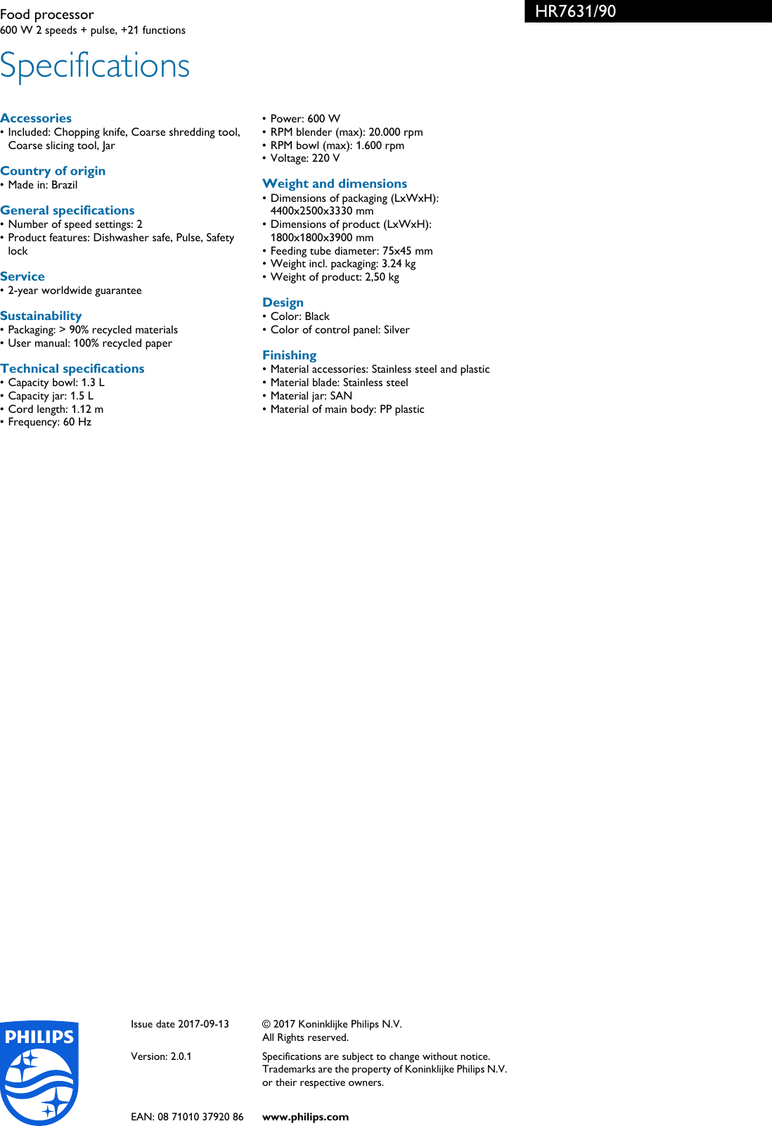 Page 3 of 3 - Philips HR7631/90 Food Processor With PowerChop Technology User Manual Leaflet Hr7631 90 Pss Aensa