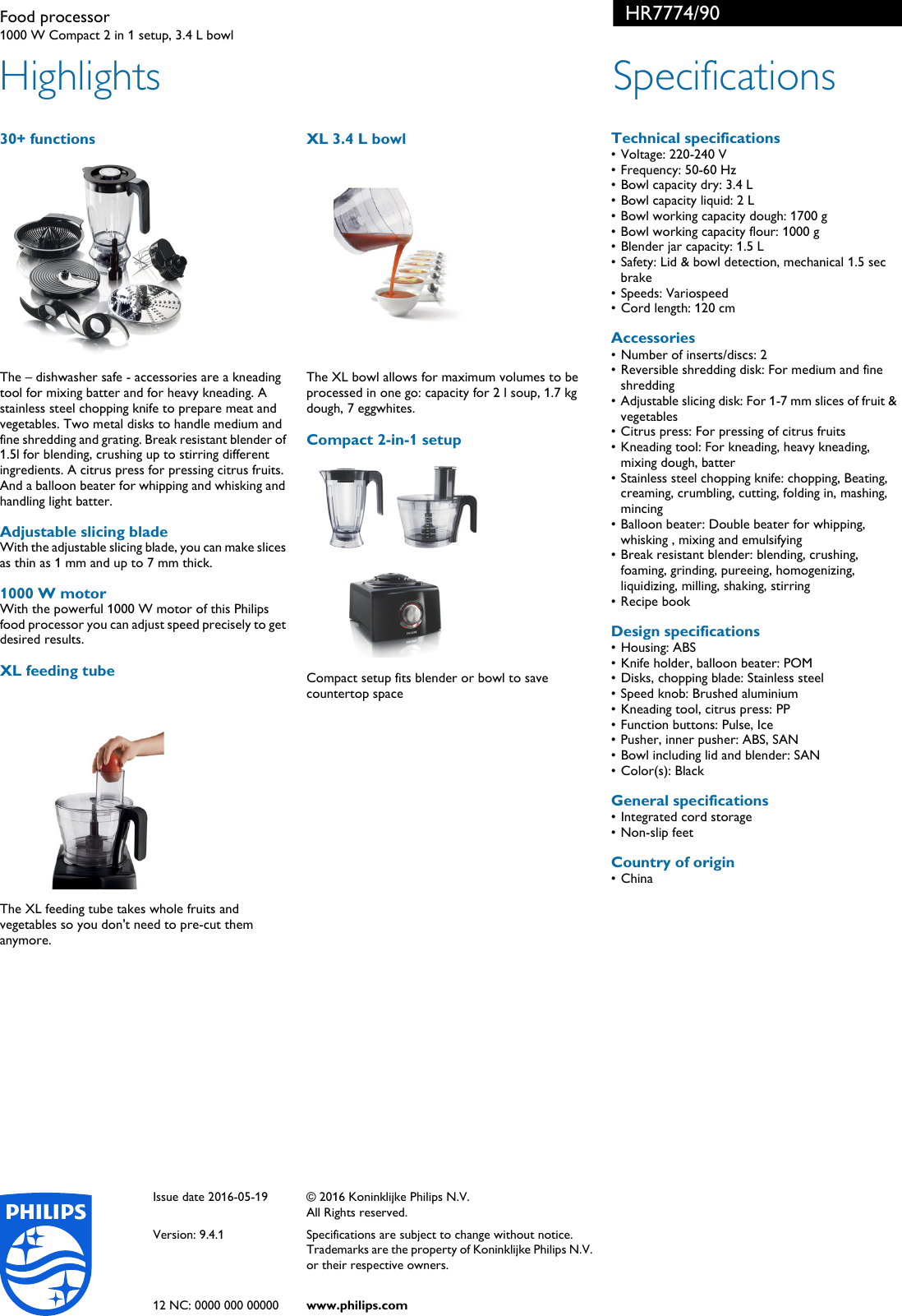 Page 2 of 2 - Philips HR7774/90 Food Processor User Manual Leaflet Hr7774 90 Pss
