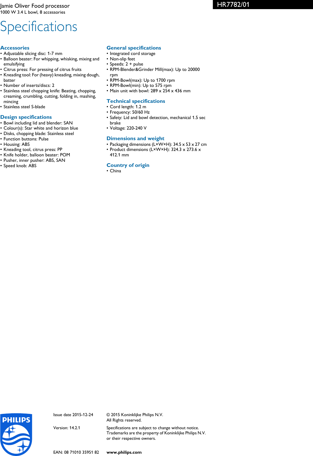 Page 3 of 3 - Philips HR7782/01 Jamie Oliver Food Processor User Manual Leaflet Hr7782 01 Pss Enggb