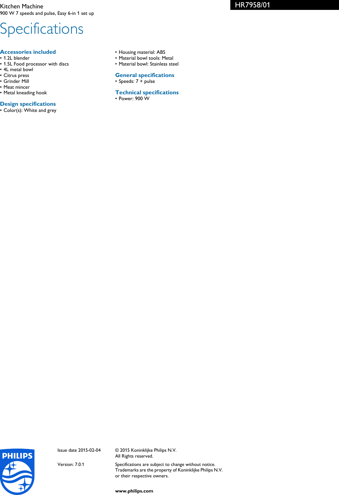 Page 3 of 3 - Philips HR7958/01 Kitchen Machine User Manual Leaflet Hr7958 01 Pss