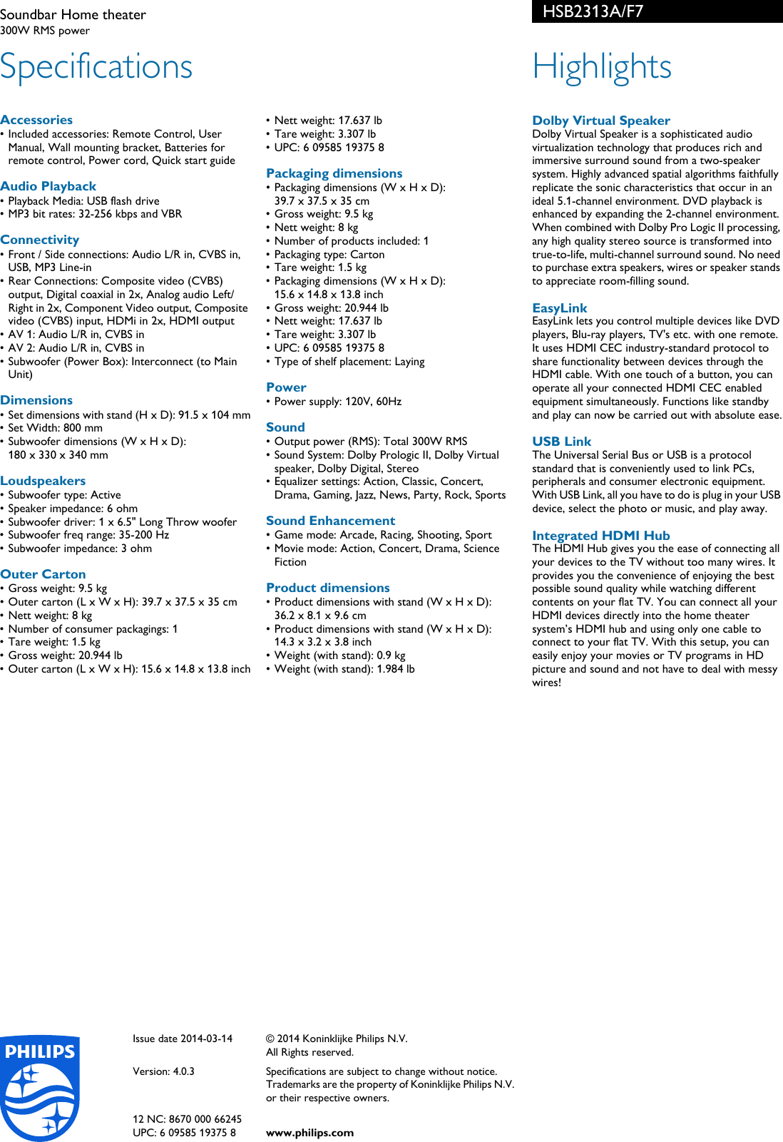philips soundbar hsb2313a