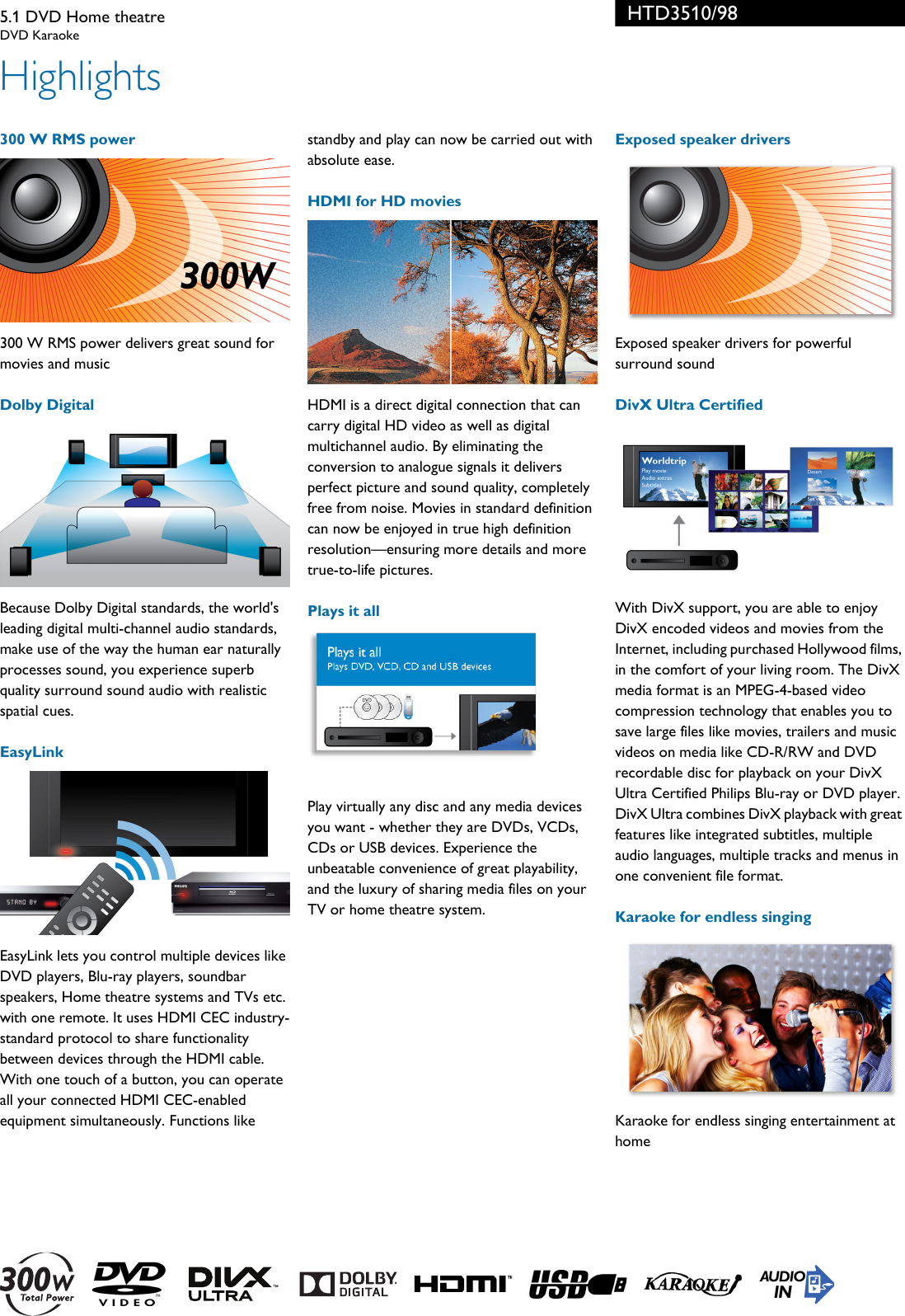 Page 2 of 3 - Philips HTD3510/98 5.1 DVD Home Theatre User Manual Leaflet Htd3510 98 Pss Enggb