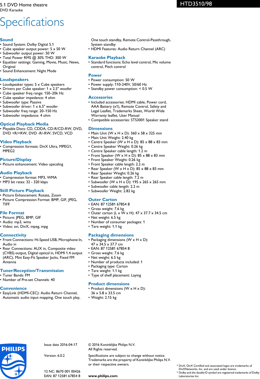 Page 3 of 3 - Philips HTD3510/98 5.1 DVD Home Theatre User Manual Leaflet Htd3510 98 Pss Enggb