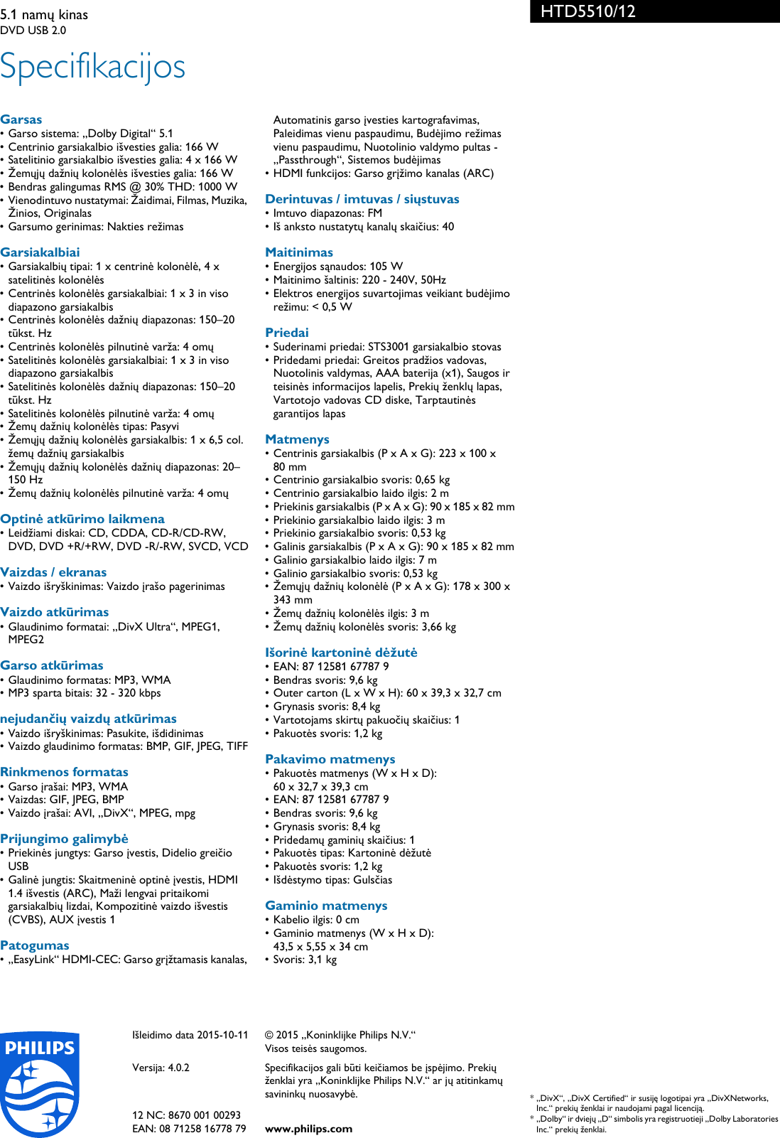 Philips Htd5510 12 5 1 Namų Kinas User Manual Informacinis Lapelis Htd5510 12 Pss Litlt