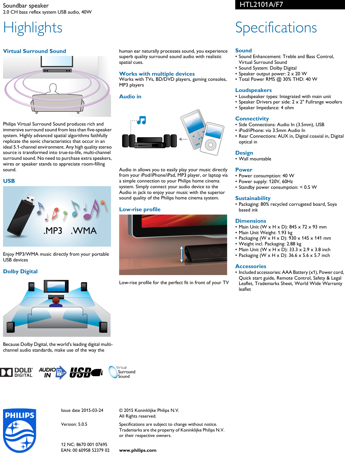 Page 2 of 2 - Philips HTL2101A/F7 Soundbar Speaker User Manual Leaflet Htl2101a F7 Pss Aenus