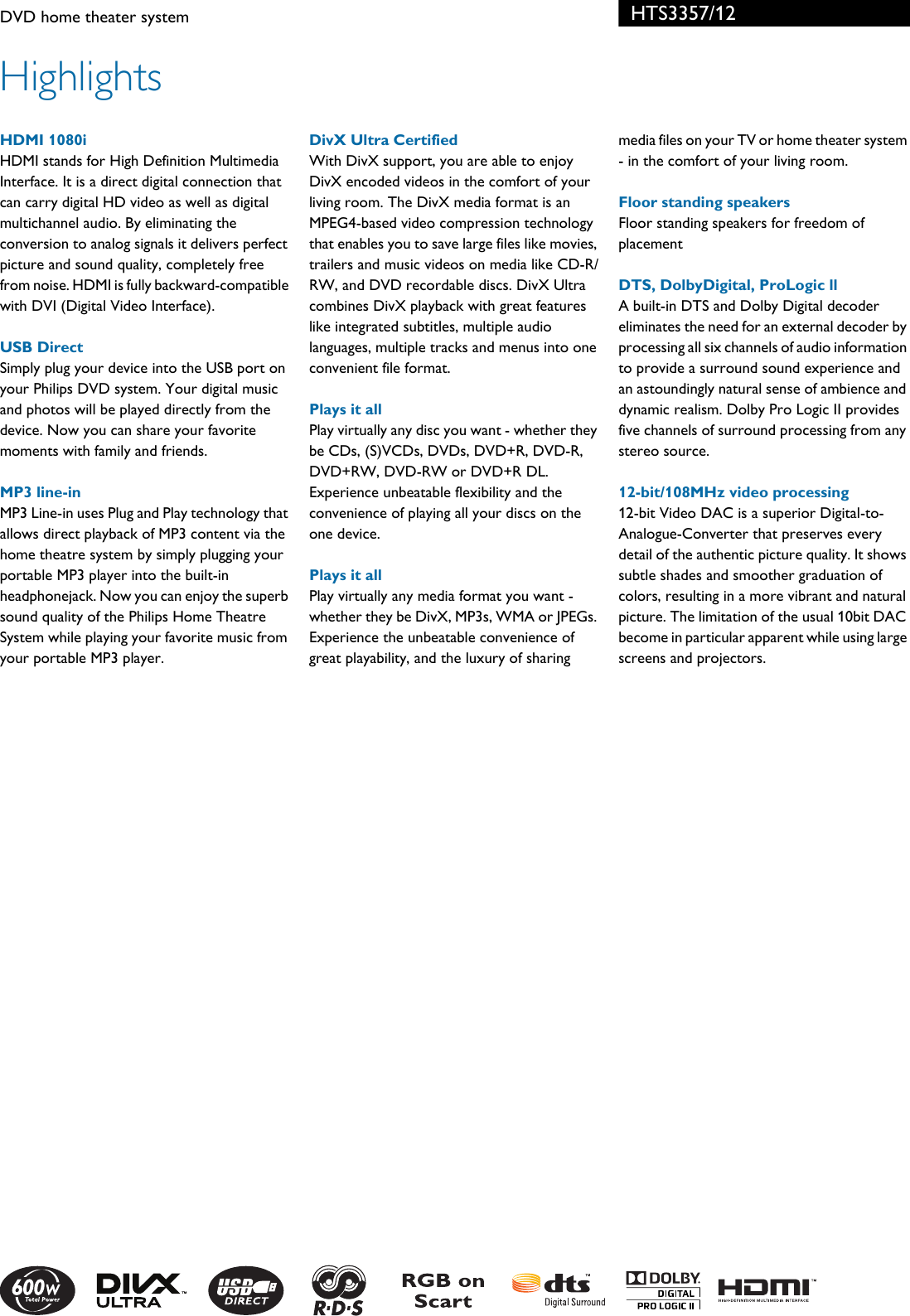 Page 2 of 3 - Philips HTS3357/12 DVD Home Theater System User Manual Esite Hts3357 12 Pss
