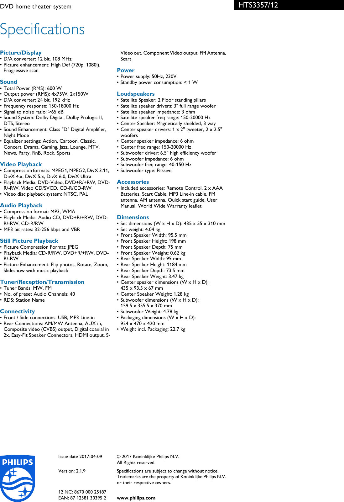 Page 3 of 3 - Philips HTS3357/12 DVD Home Theater System User Manual Esite Hts3357 12 Pss
