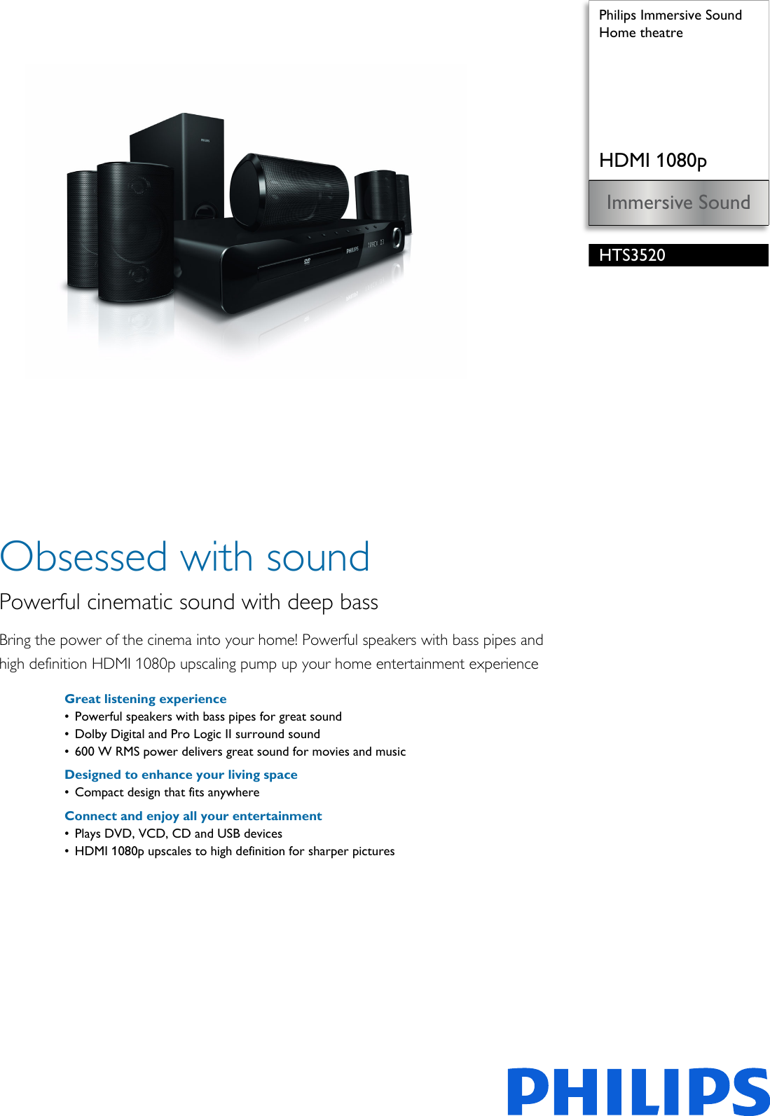 Page 1 of 3 - Philips HTS3520/12 Home Theatre User Manual Leaflet Hts3520 12 Pss Enggb