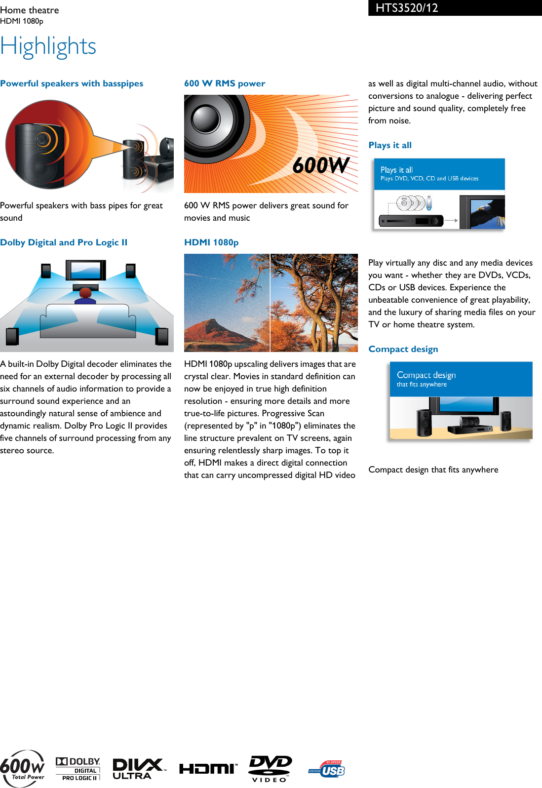 Page 2 of 3 - Philips HTS3520/12 Home Theatre User Manual Leaflet Hts3520 12 Pss Enggb
