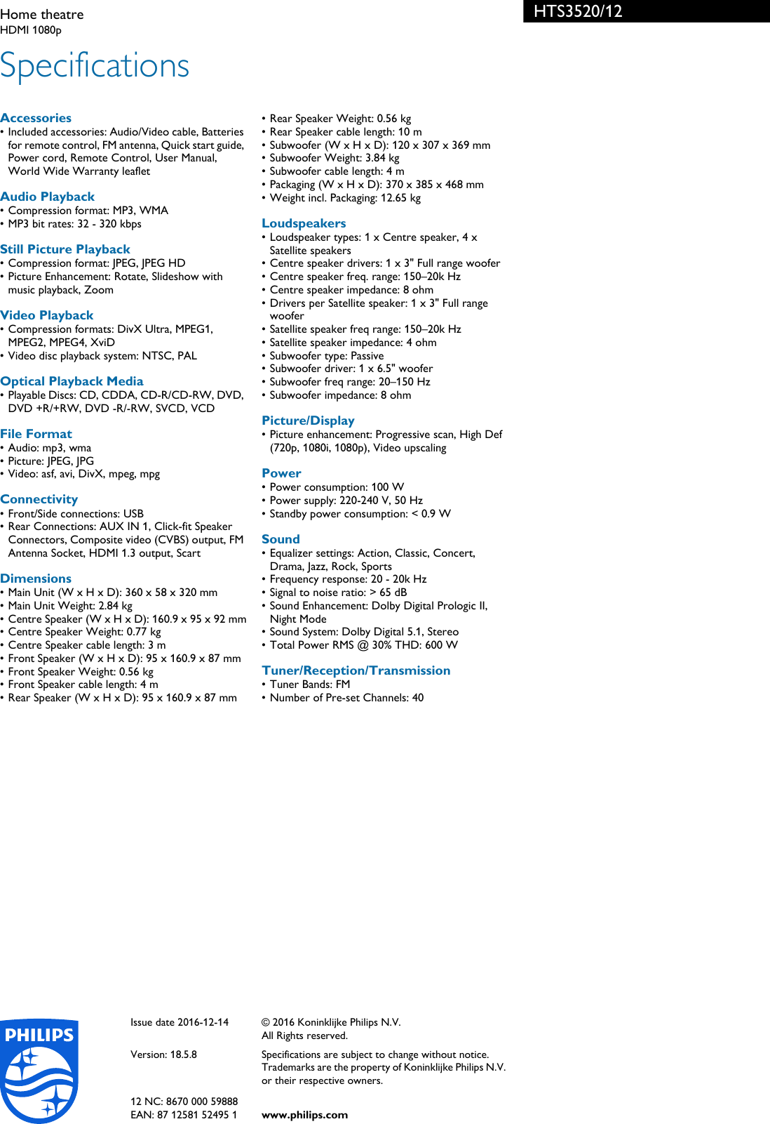 Page 3 of 3 - Philips HTS3520/12 Home Theatre User Manual Leaflet Hts3520 12 Pss Enggb