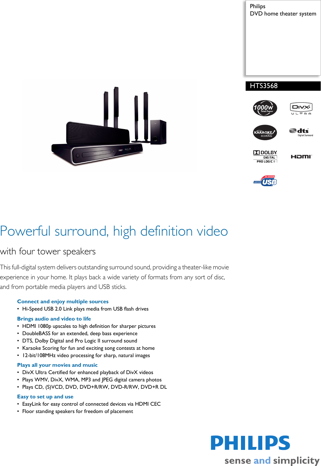 Page 1 of 2 - Philips HTS3568 HTS3568/98 DVD Home Theater System User Manual To The C5405343-809f-40f3-a71a-c2f87240130e