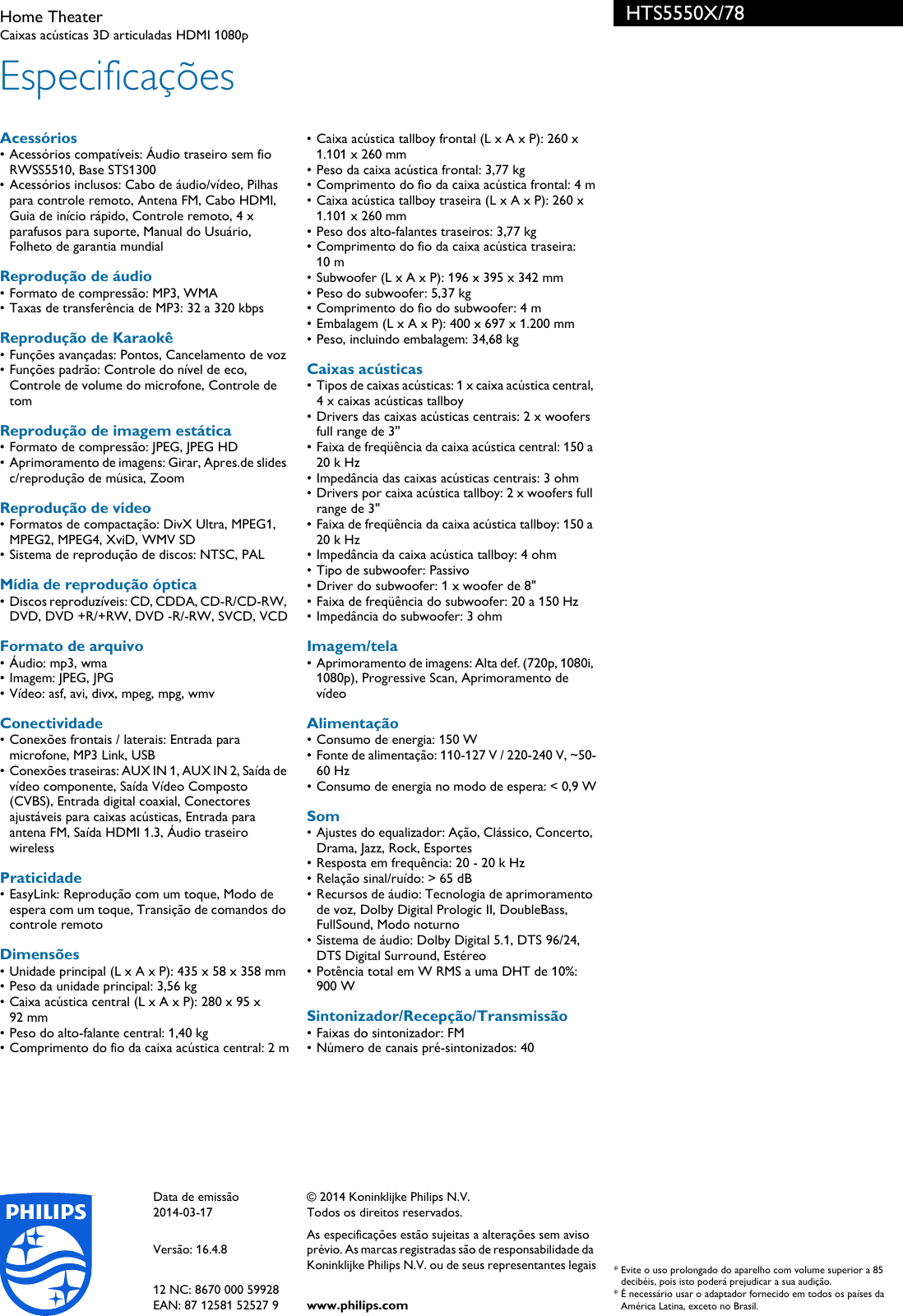 Page 3 of 3 - Philips HTS5550X/78 Home Theater User Manual Folheto Hts5550x 78 Pss Brpbr
