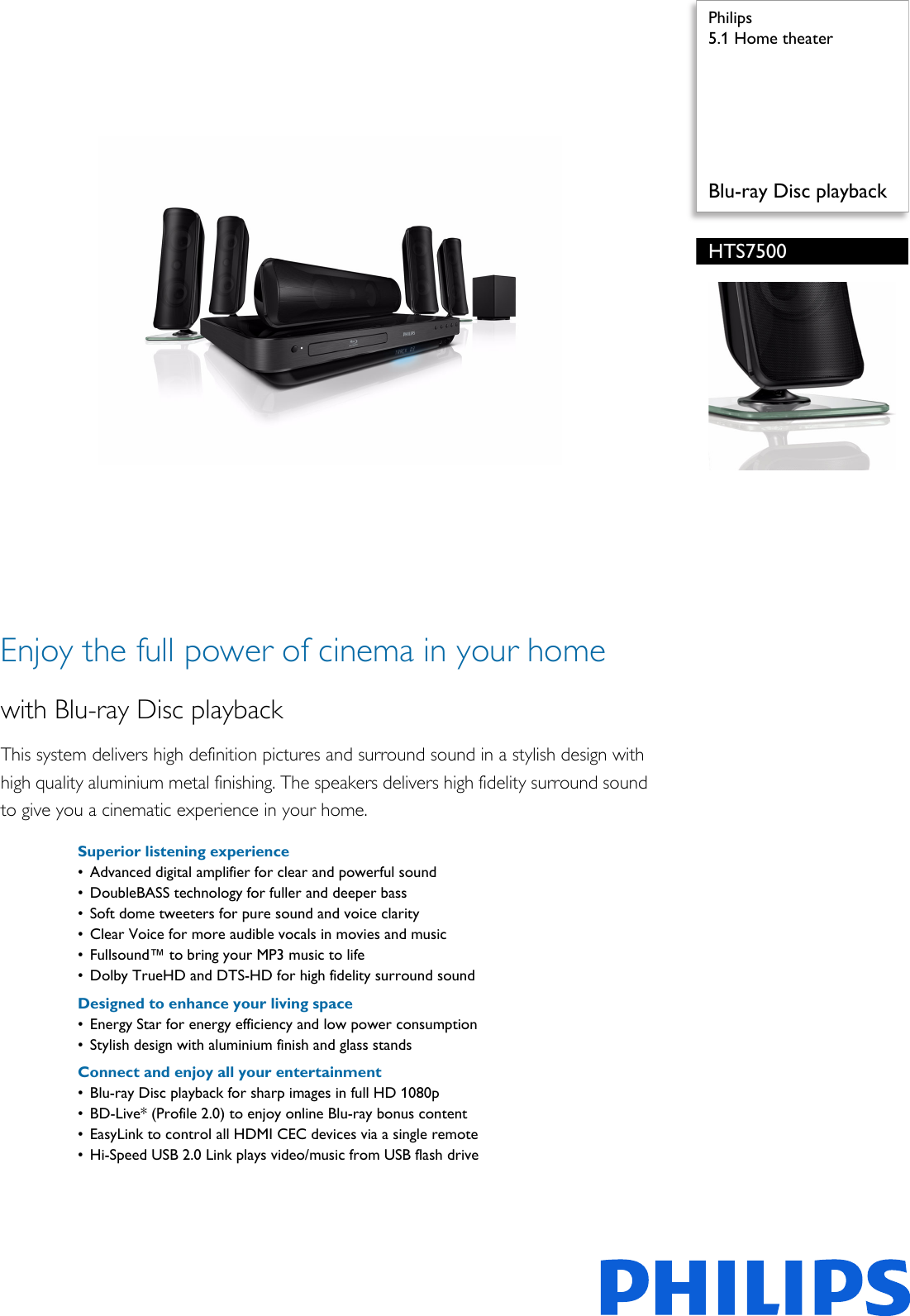 Page 1 of 3 - Philips HTS7500/12 5.1 Home Theater User Manual Leaflet Hts7500 12 Pss